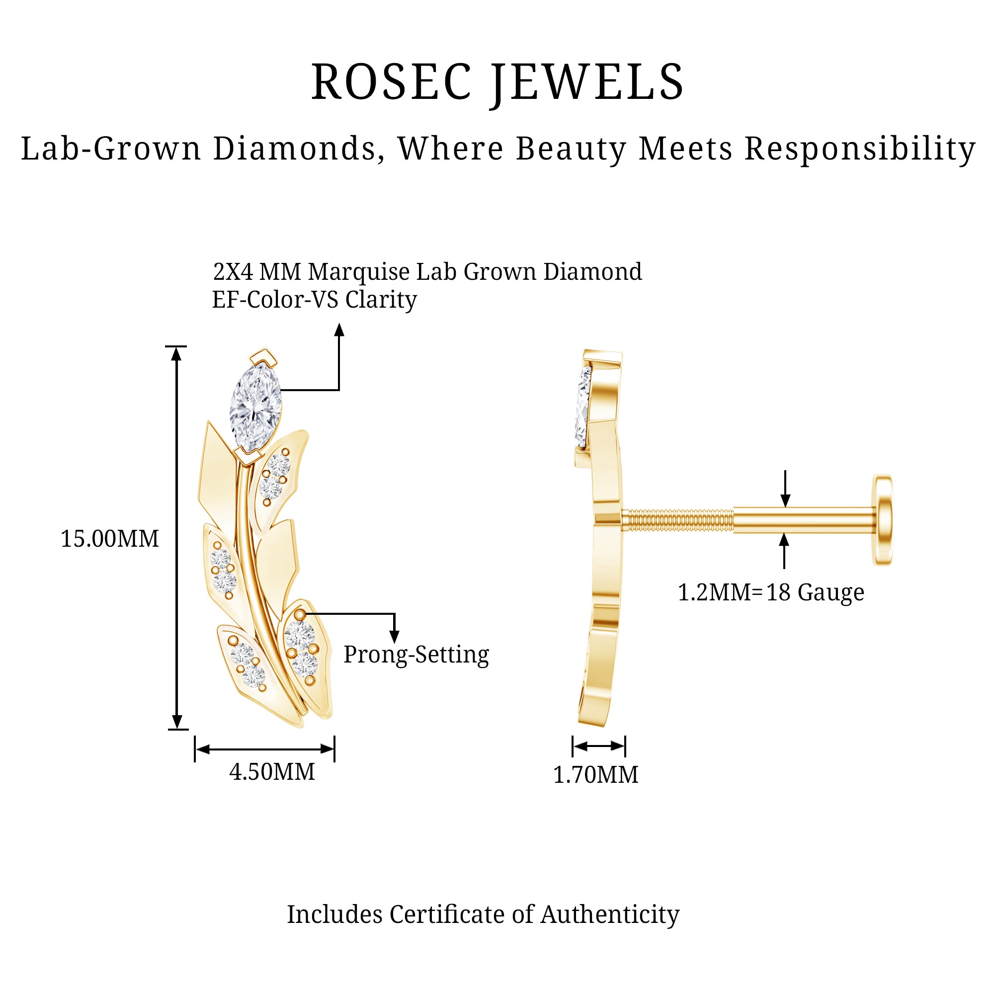 Diamond Leaf Crawler Earring for Helix Piercing Lab - ( EF-VS ) - Rosec Jewels