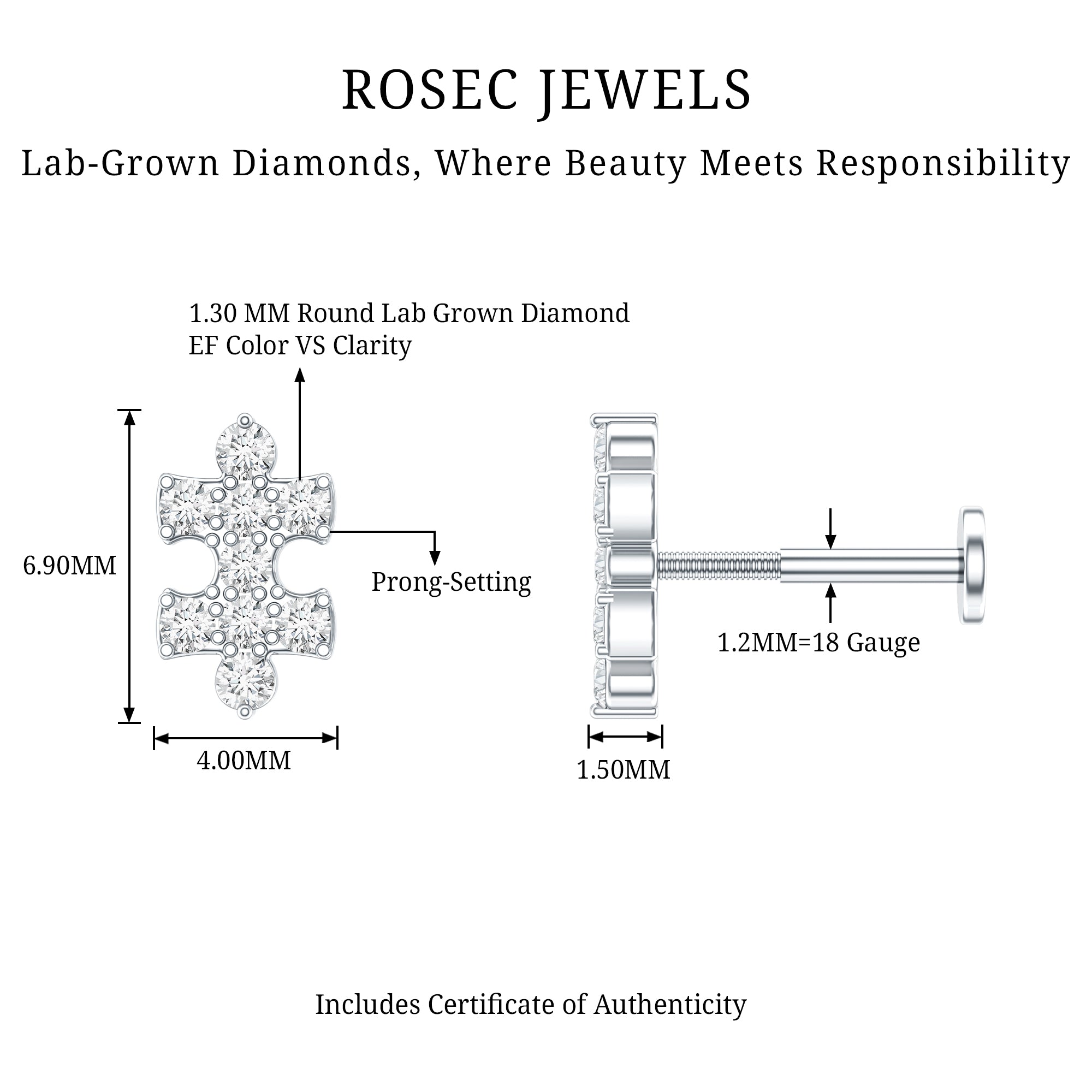 Diamond Puzzle Piece Earring for Helix Piercing Lab - ( EF-VS ) - Rosec Jewels