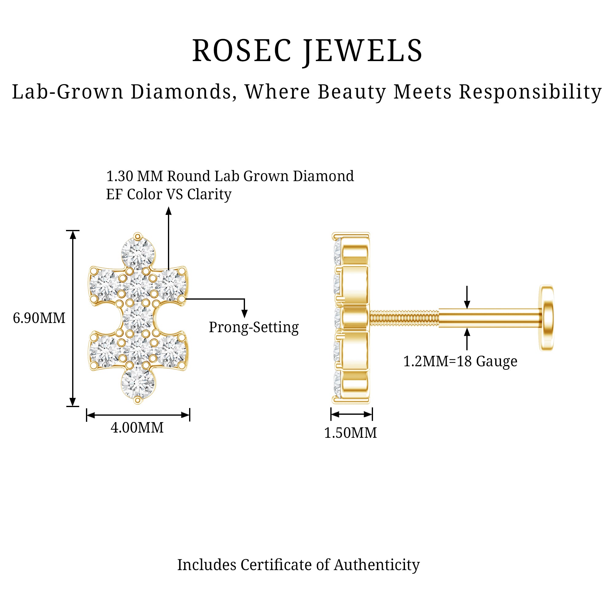 Diamond Puzzle Piece Earring for Helix Piercing Lab - ( EF-VS ) - Rosec Jewels