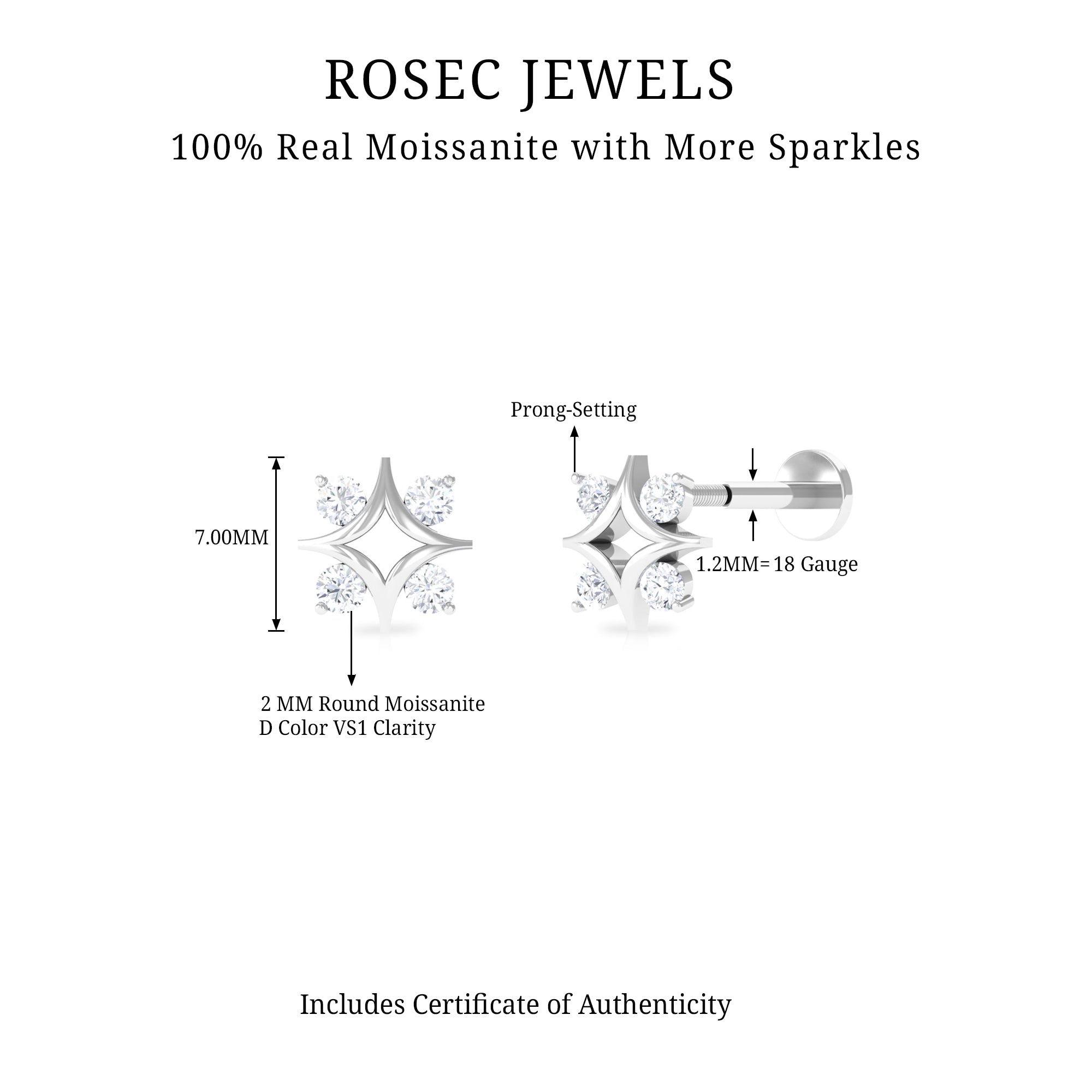 Round Moissanite Star Earring for Helix Piercing D-VS1 - Rosec Jewels