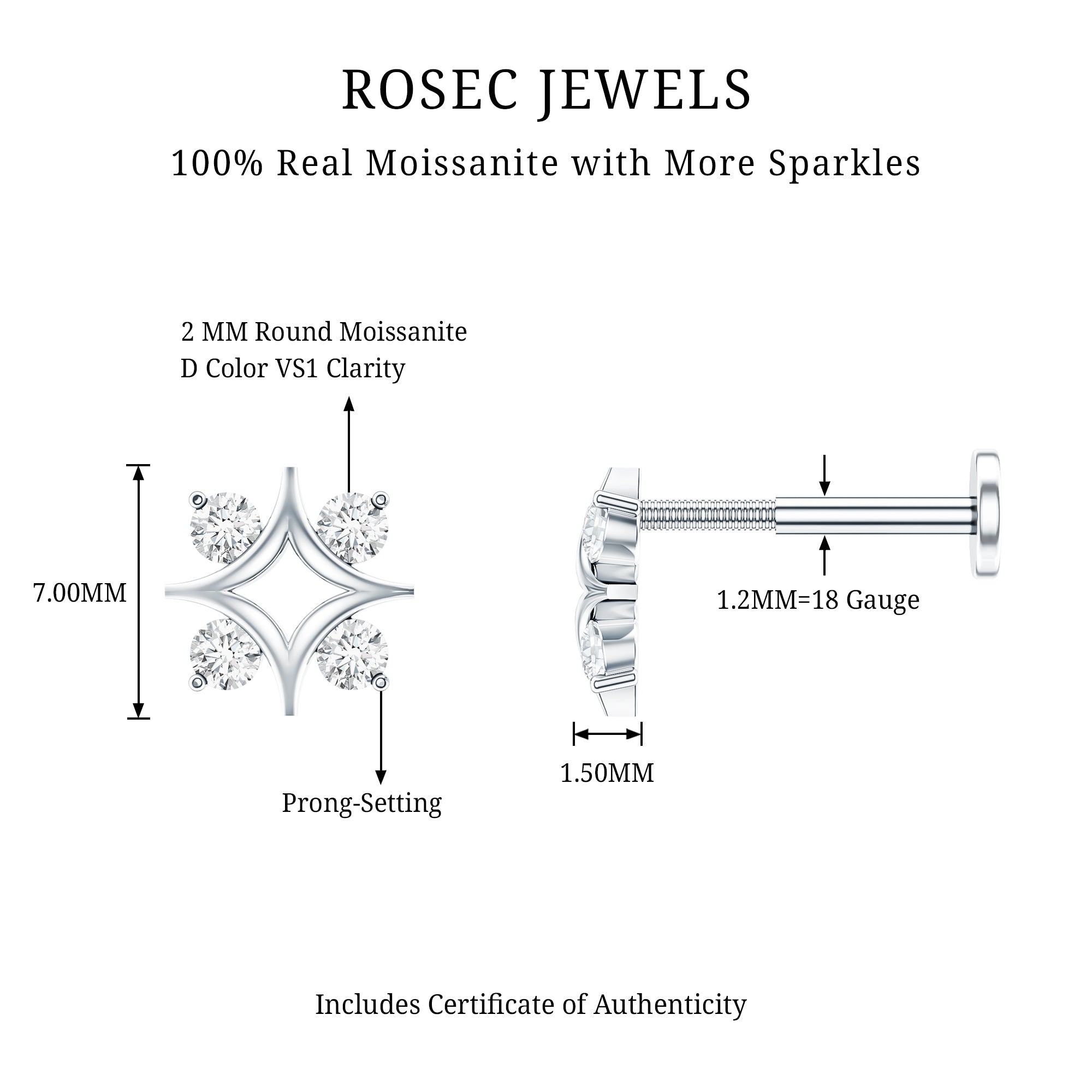 Round Moissanite Star Earring for Helix Piercing D-VS1 - Rosec Jewels