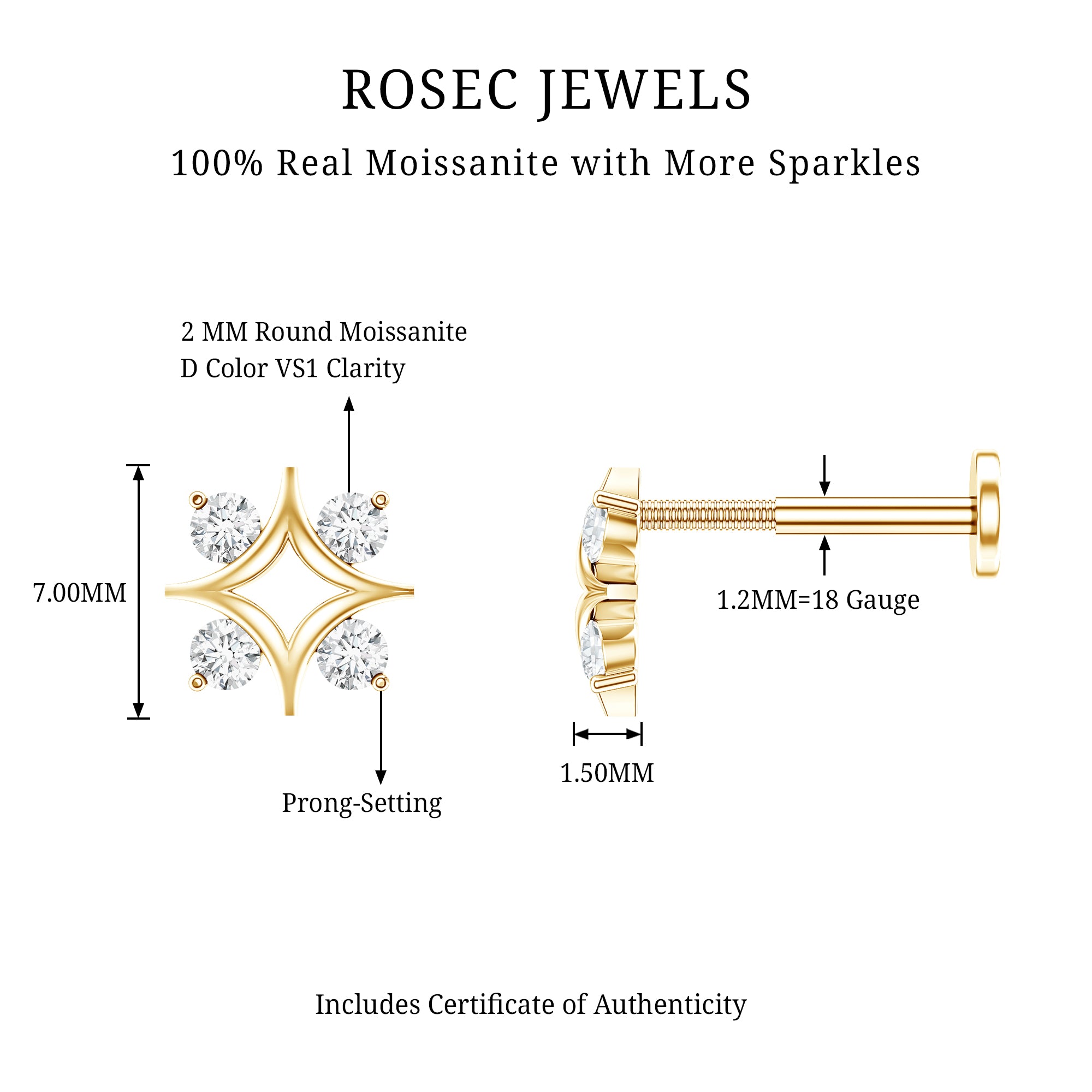 Round Moissanite Star Earring for Helix Piercing D-VS1 - Rosec Jewels