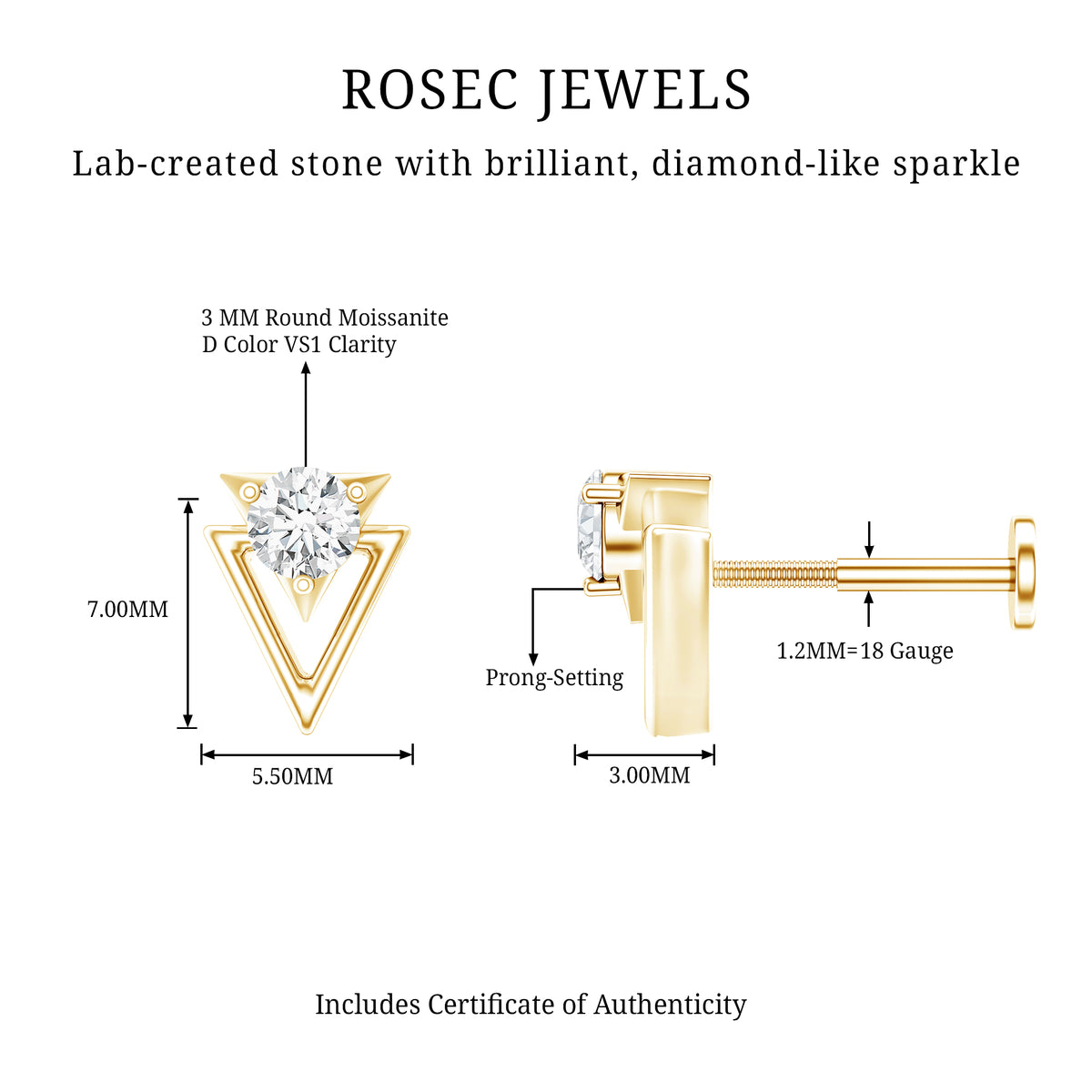 Certified Moissanite Triangle Tragus Earring D-VS1 - Rosec Jewels