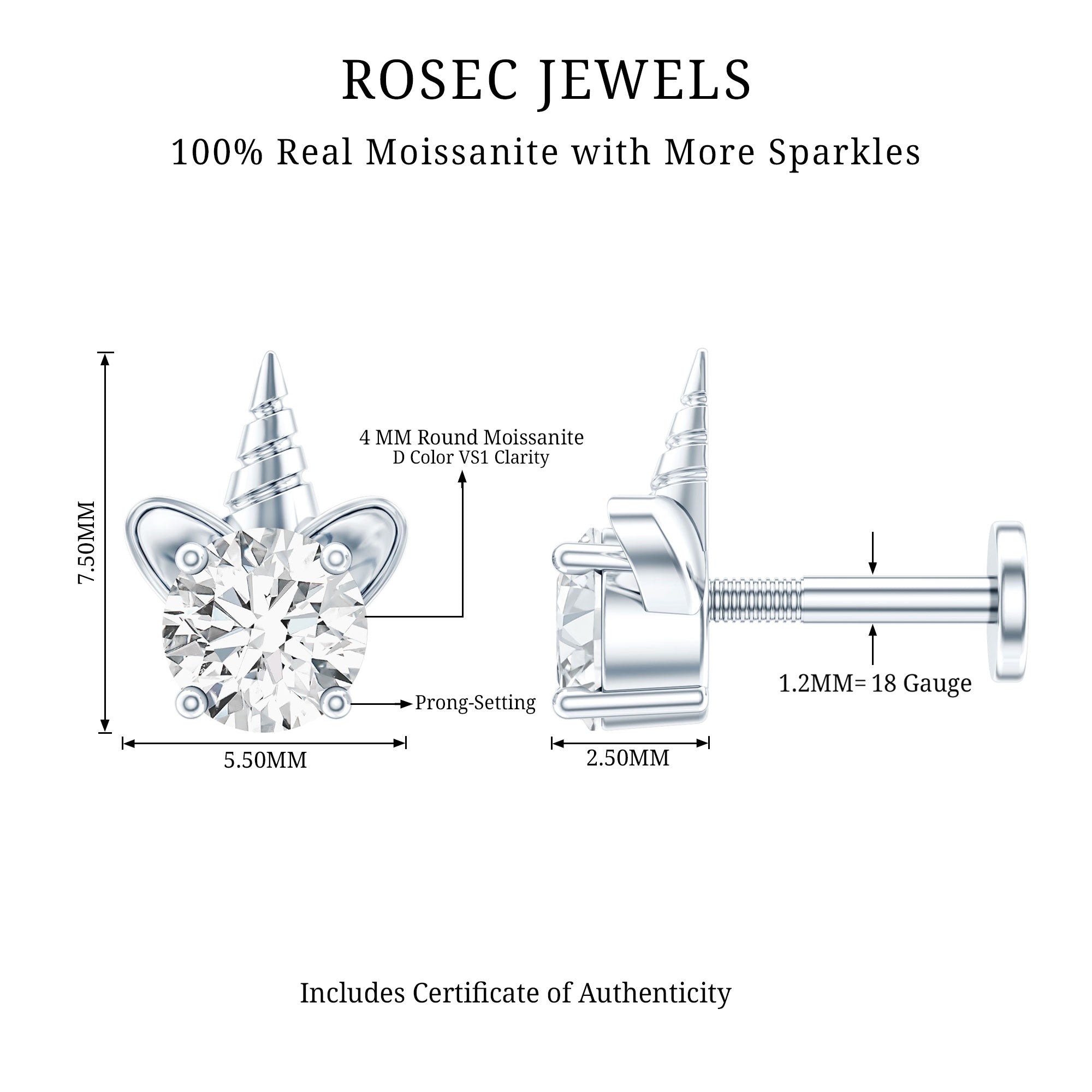 Cute Moissanite Unicorn Helix Earring for Women D-VS1 - Rosec Jewels