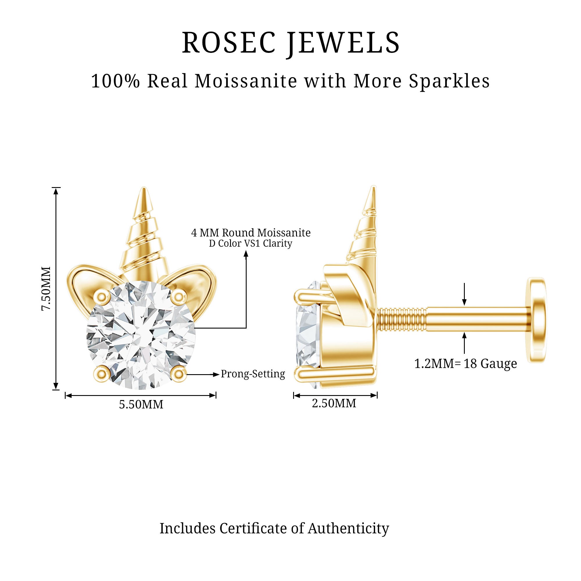 Cute Moissanite Unicorn Helix Earring for Women D-VS1 - Rosec Jewels