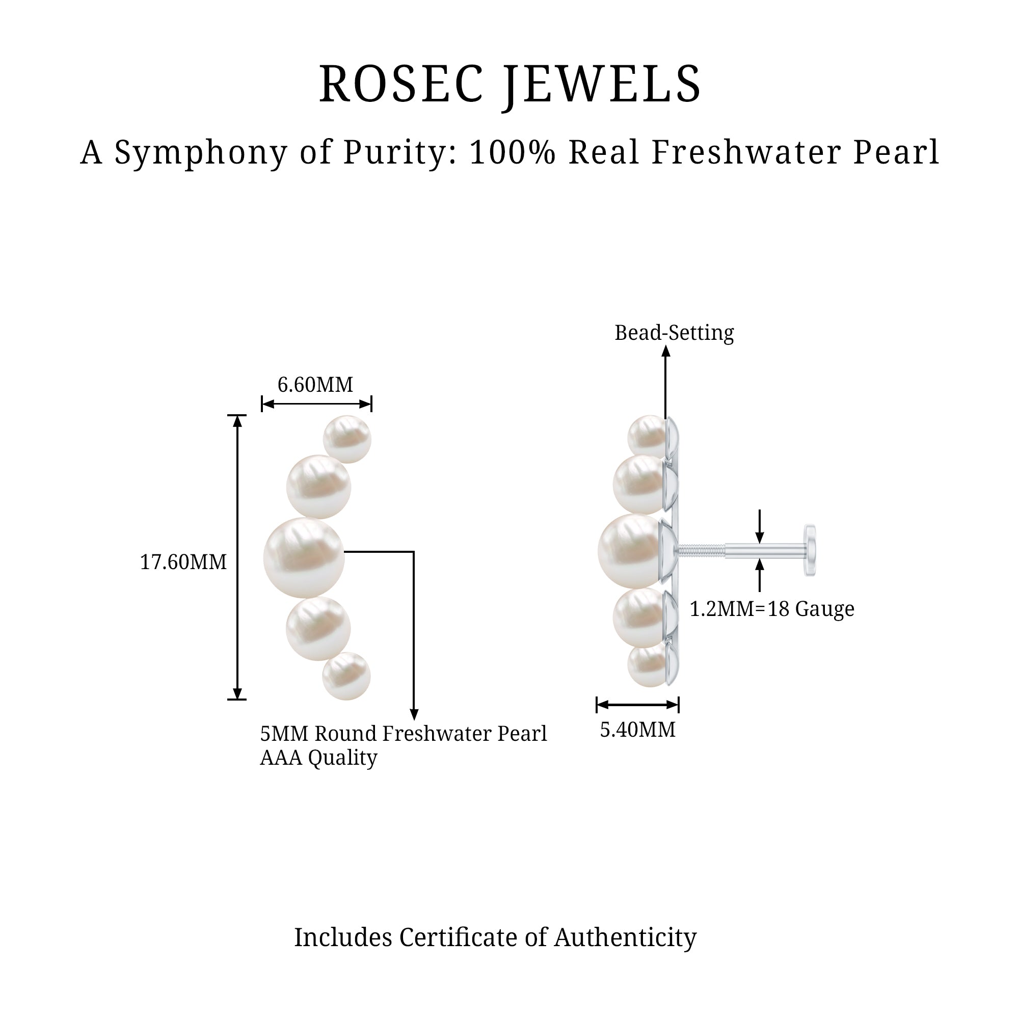 Round Freshwater Pearl Crawler Earring for Women AAA - Rosec Jewels