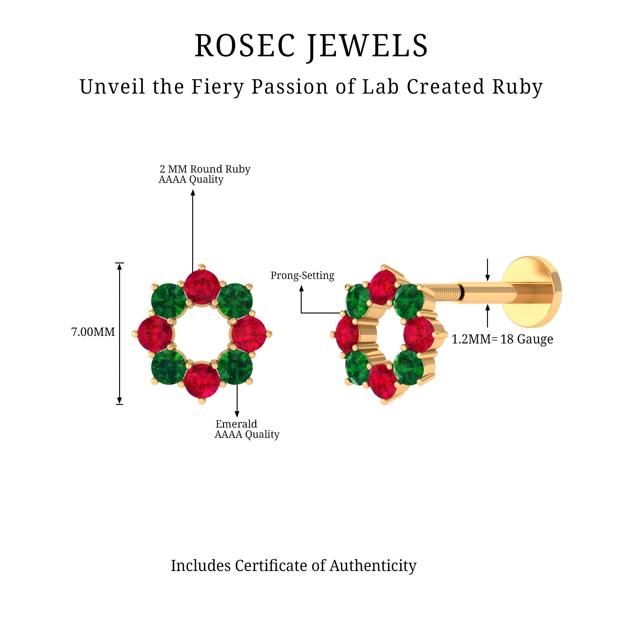Lab Created Ruby and Created Emerald Wreath Helix Earring AAAA - Rosec Jewels