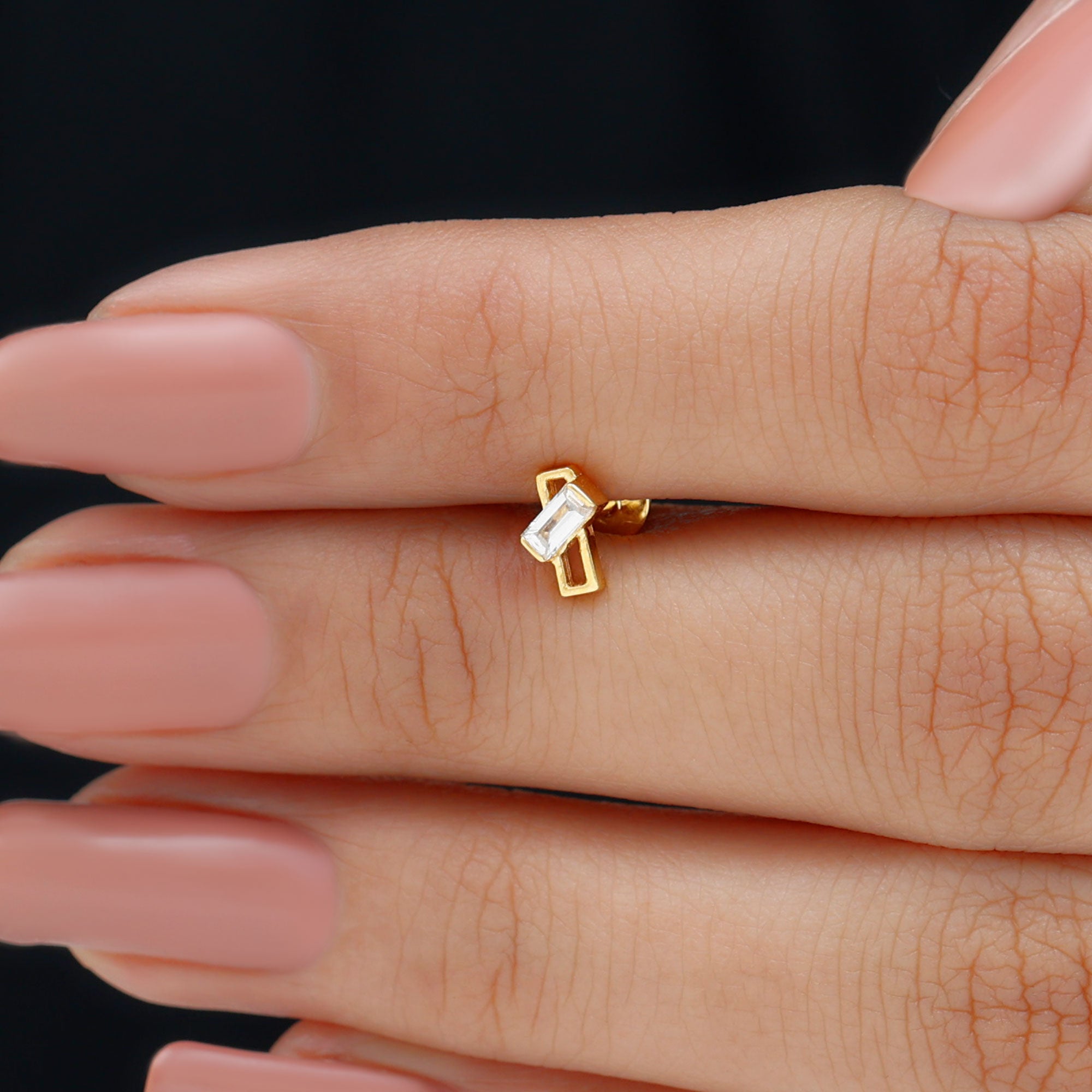 Baguette Diamond Minimal Tragus Earring in Bar Setting Natural - ( HI-SI ) - Rosec Jewels