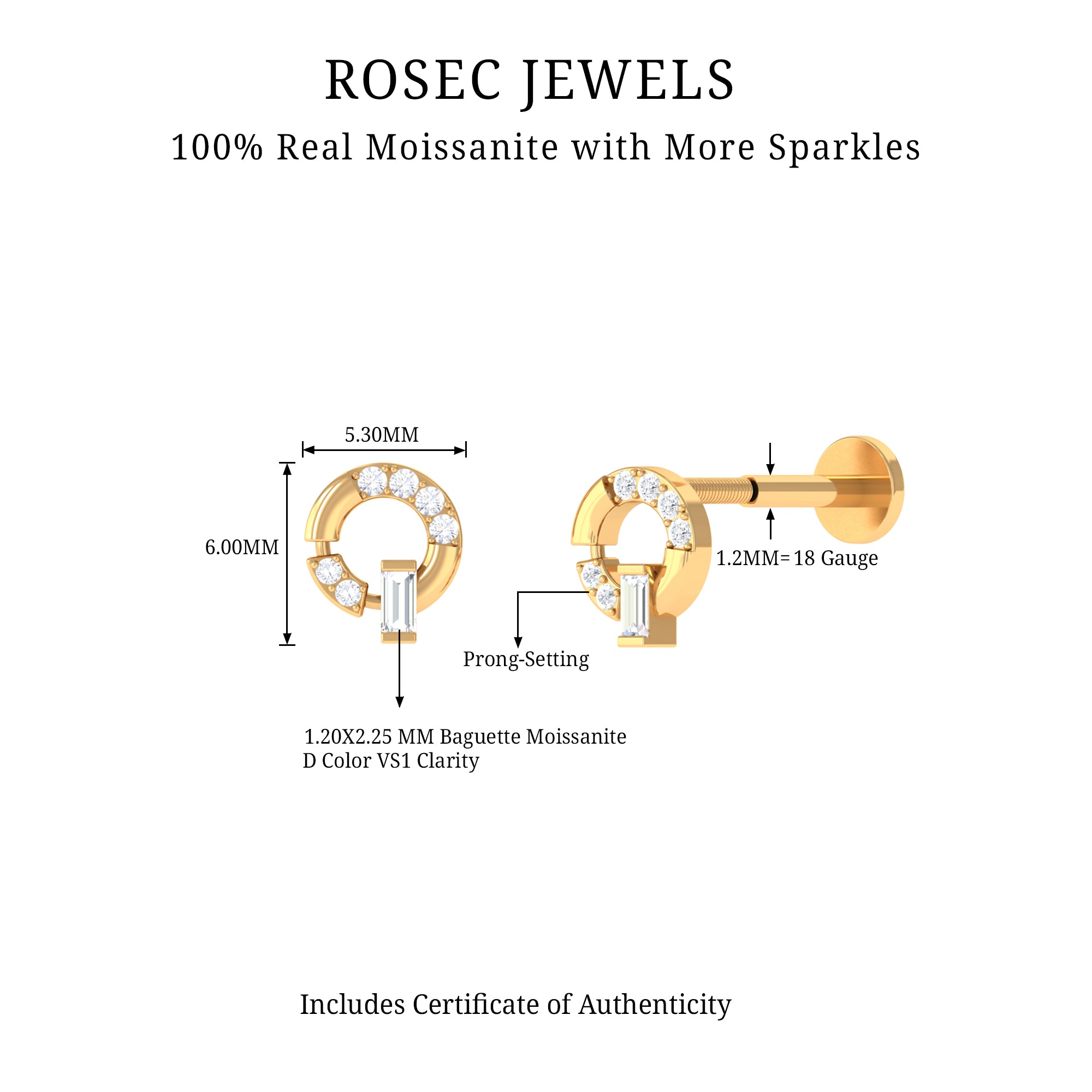 Baguette and Round Moissanite Open Circle Cartilage Earring D-VS1 - Rosec Jewels