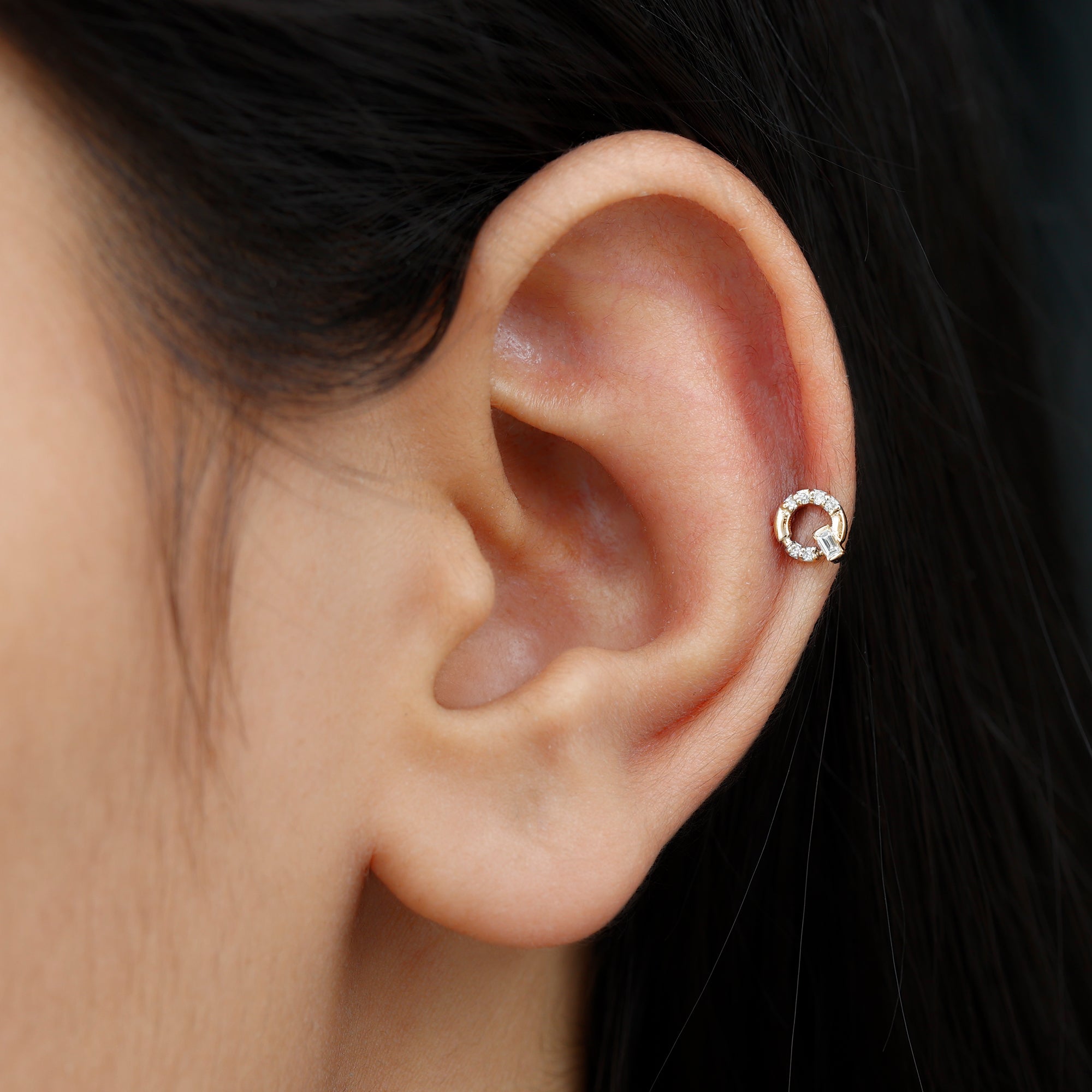 Baguette and Round Moissanite Open Circle Cartilage Earring D-VS1 - Rosec Jewels
