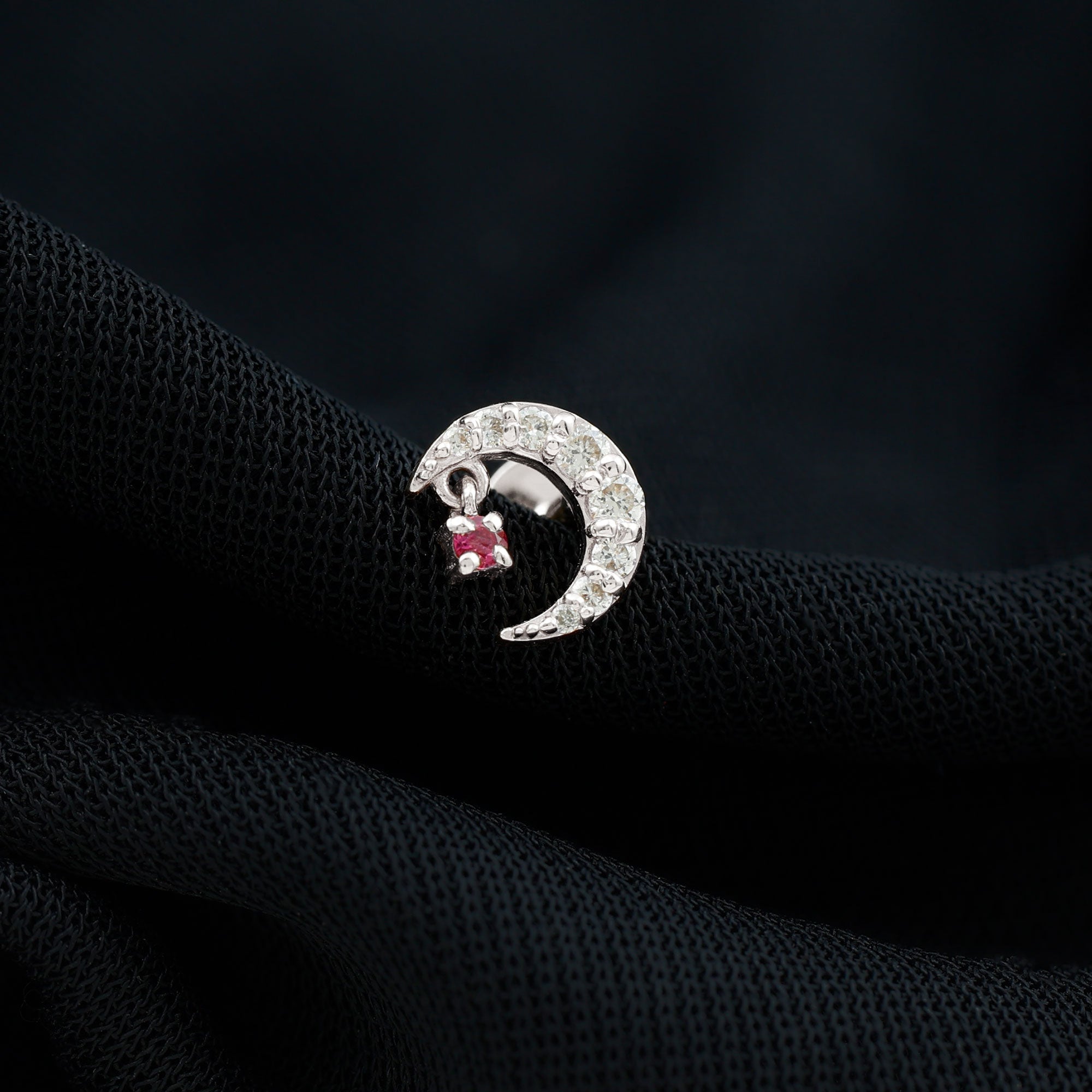 Natural Ruby and Lab Diamond Crescent Moon Helix Earring AAA - Rosec Jewels