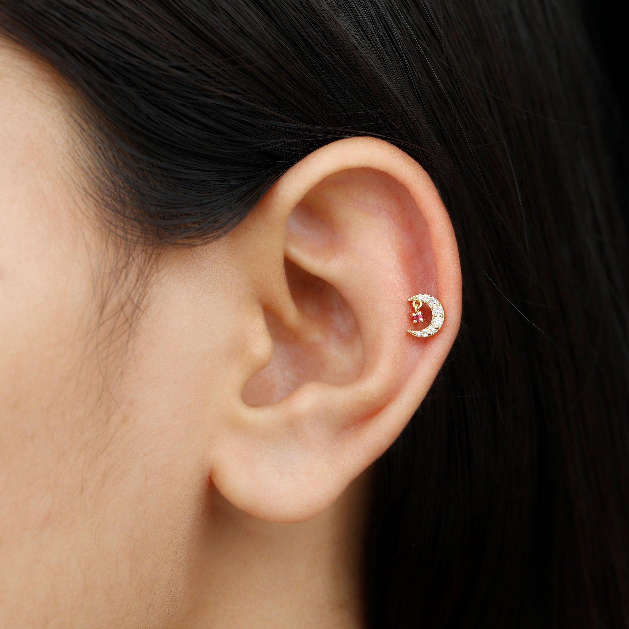 Natural Ruby and Lab Diamond Crescent Moon Helix Earring AAA - Rosec Jewels