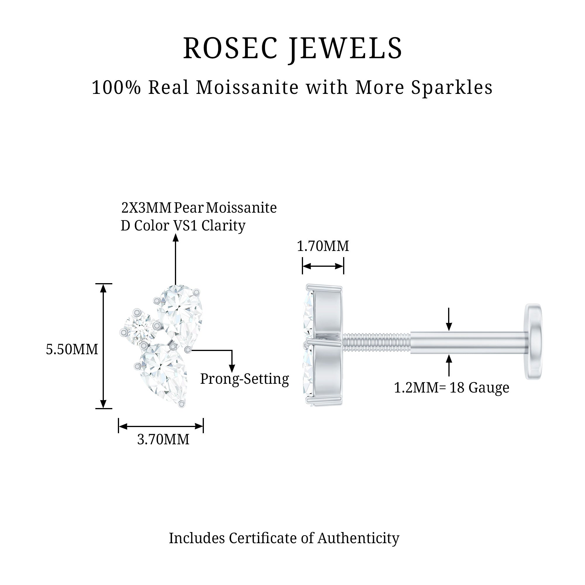 Pear and Round Cut Moissanite Cluster Helix Earring D-VS1 - Rosec Jewels