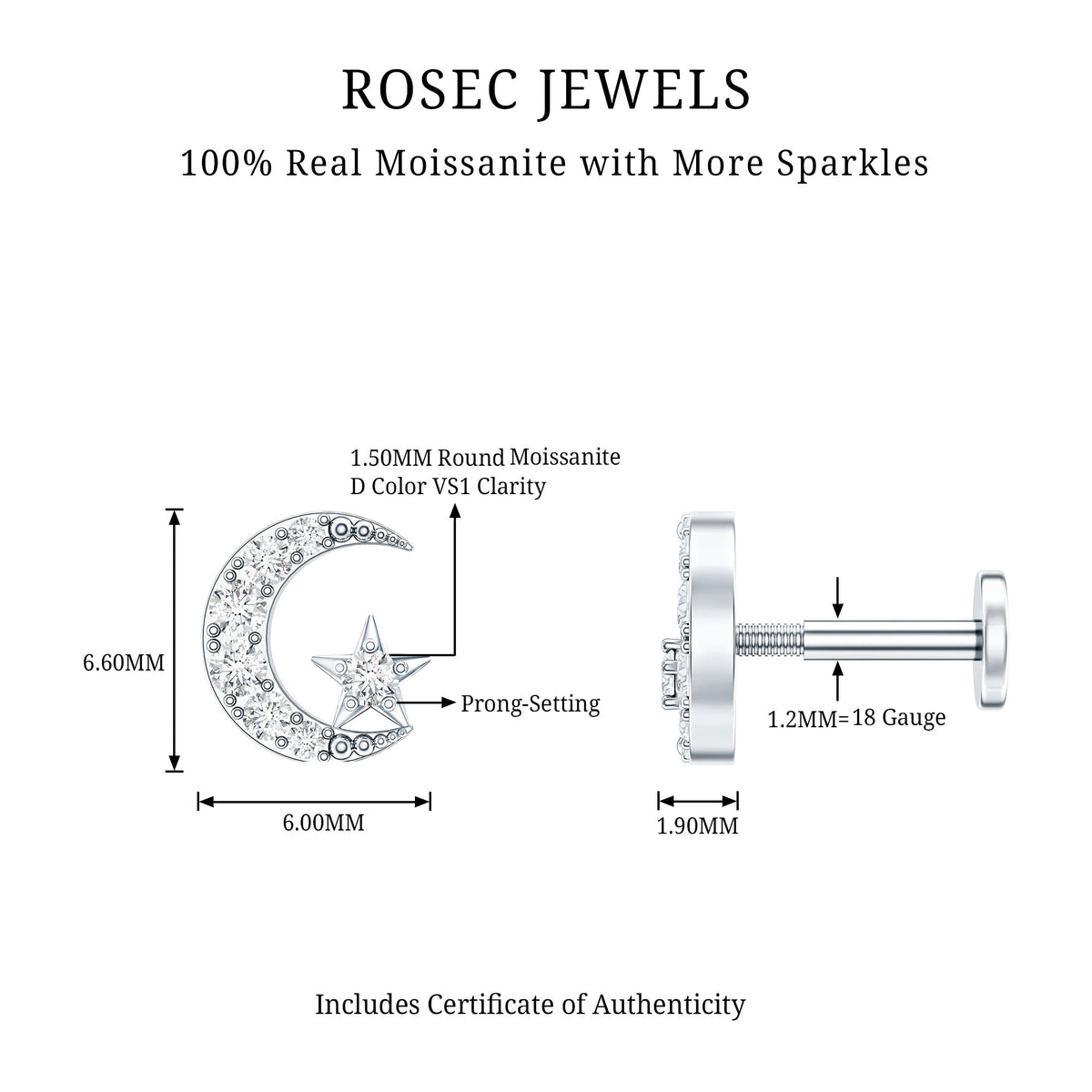 Moissanite Moon and Star Cartilage Earring D-VS1 - Rosec Jewels