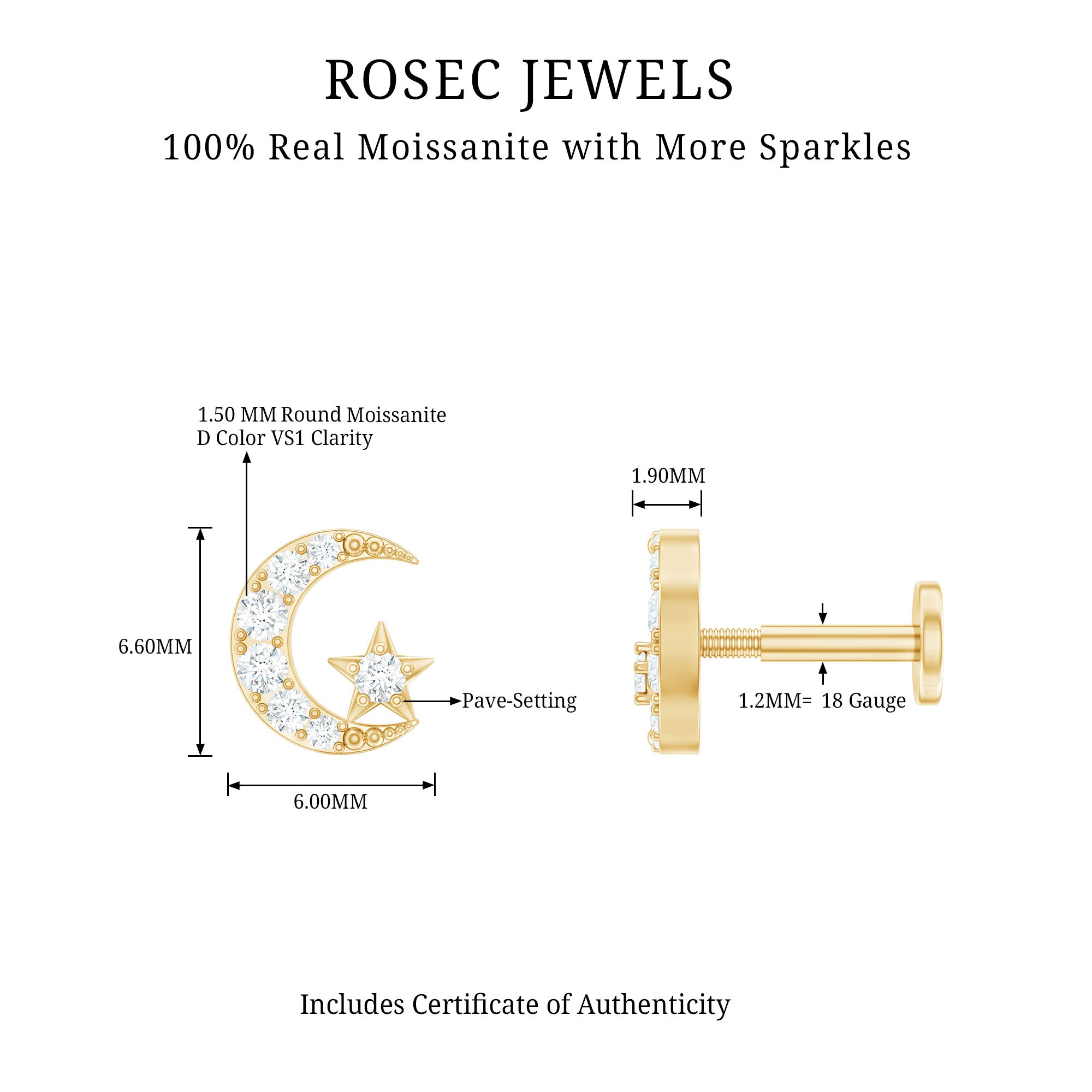 Moissanite Moon and Star Cartilage Earring D-VS1 - Rosec Jewels