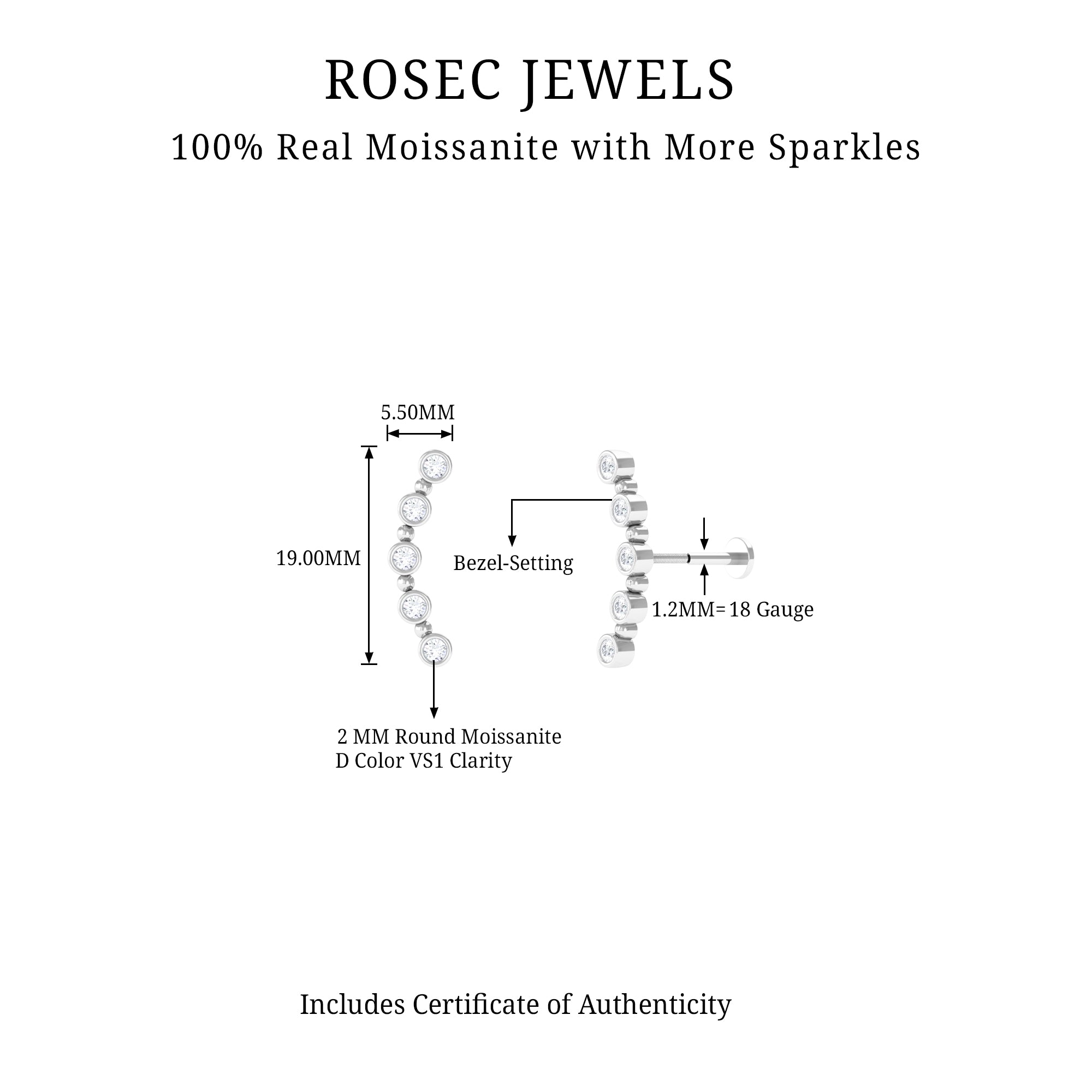 Round Moissanite Curved Climber Earring in Bezel Setting D-VS1 - Rosec Jewels