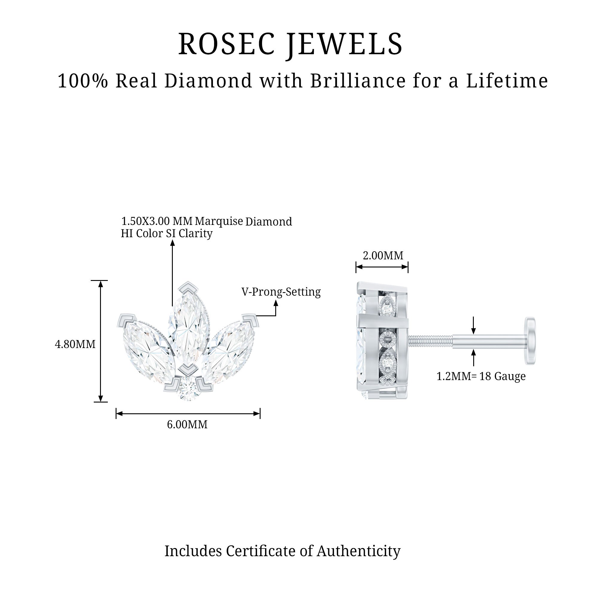 Marquise Diamond Lotus Earring for Cartilage Piercing Natural - ( HI-SI ) - Rosec Jewels