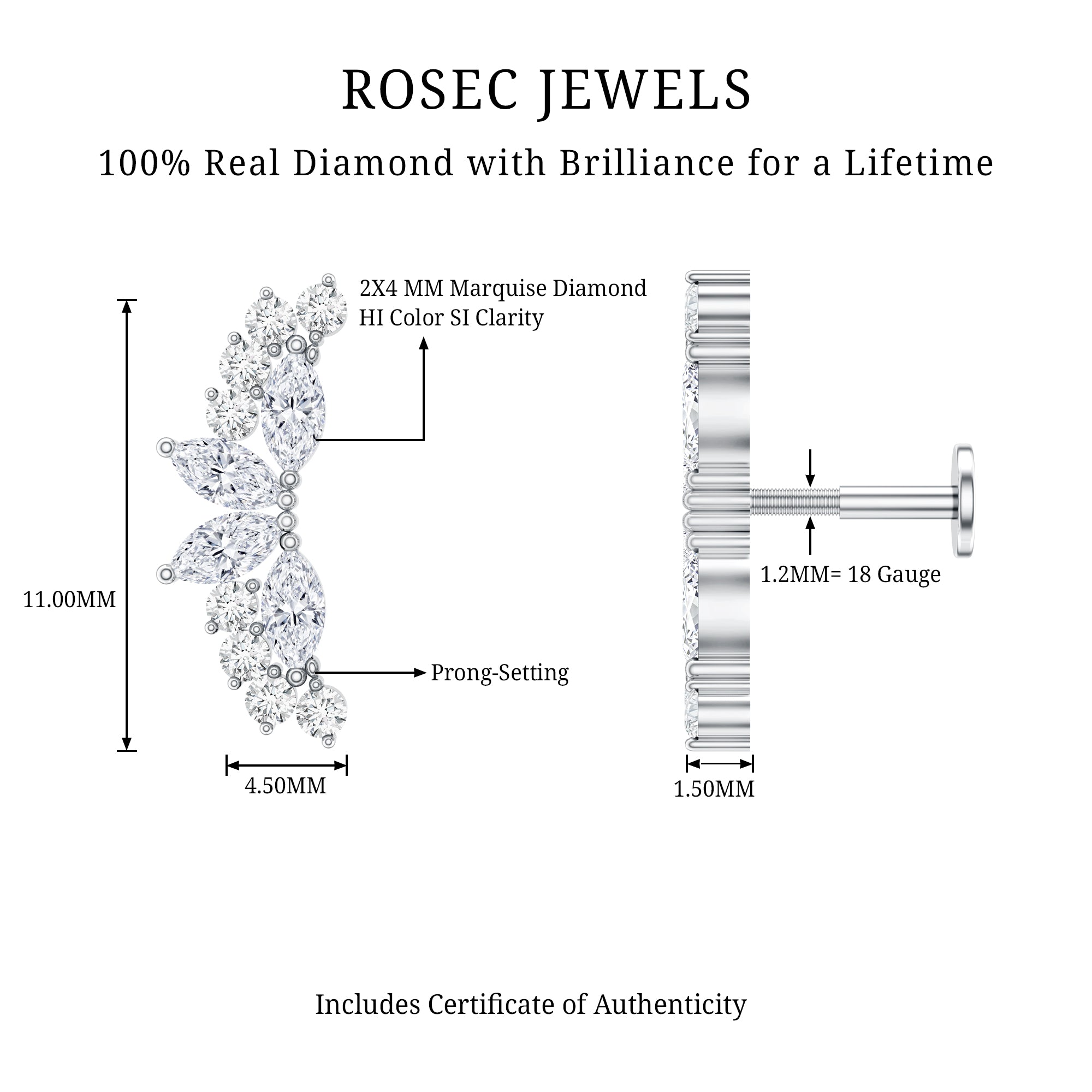 Unique Diamond Crawler Earring for Cartilage Piercing Natural - ( HI-SI ) - Rosec Jewels