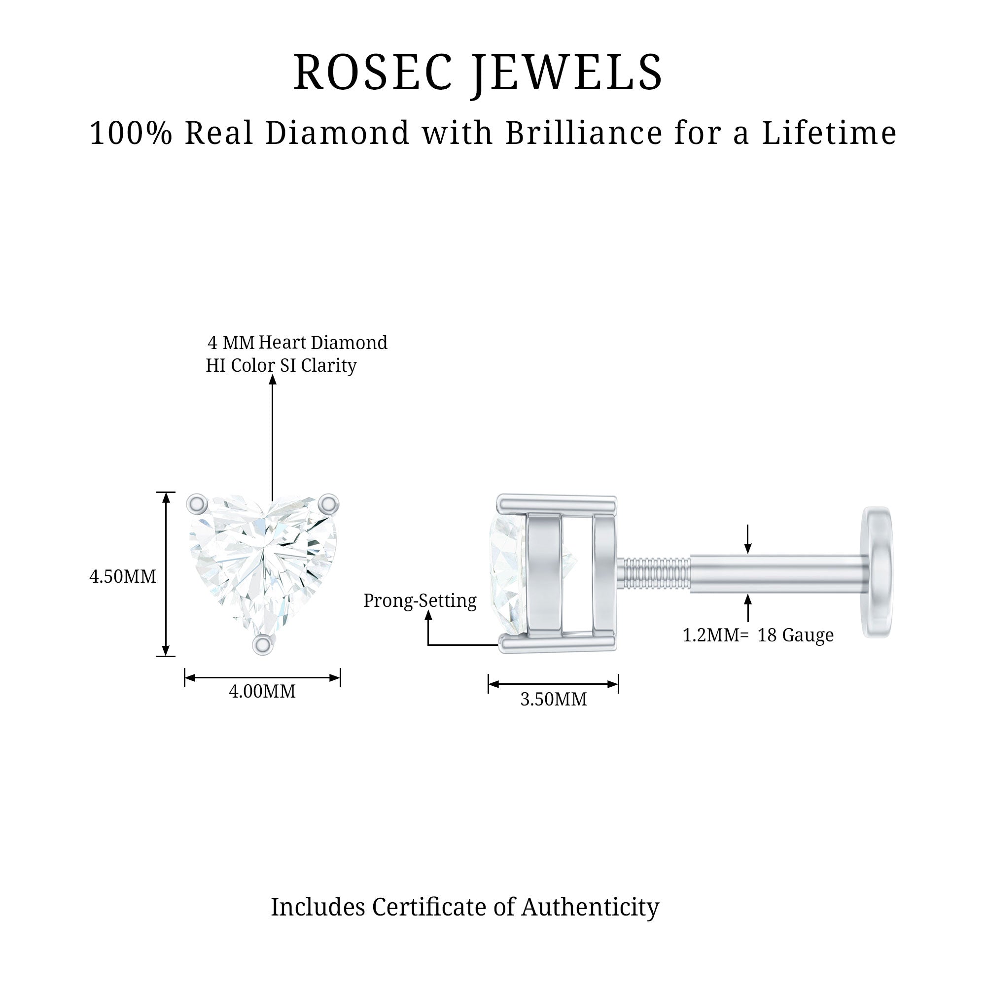 Solitaire Diamond Heart Earring with Flat Back Natural - ( HI-SI ) - Rosec Jewels
