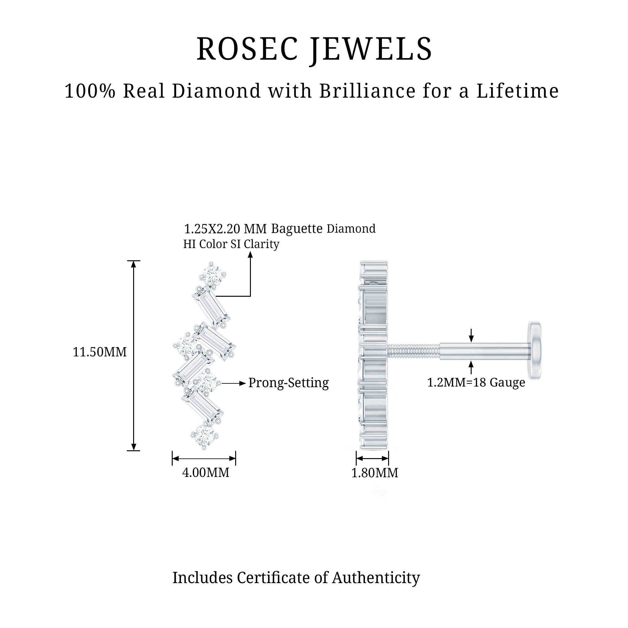 Baguette Diamond Cartilage Earring with Flat Back Natural - ( HI-SI ) - Rosec Jewels