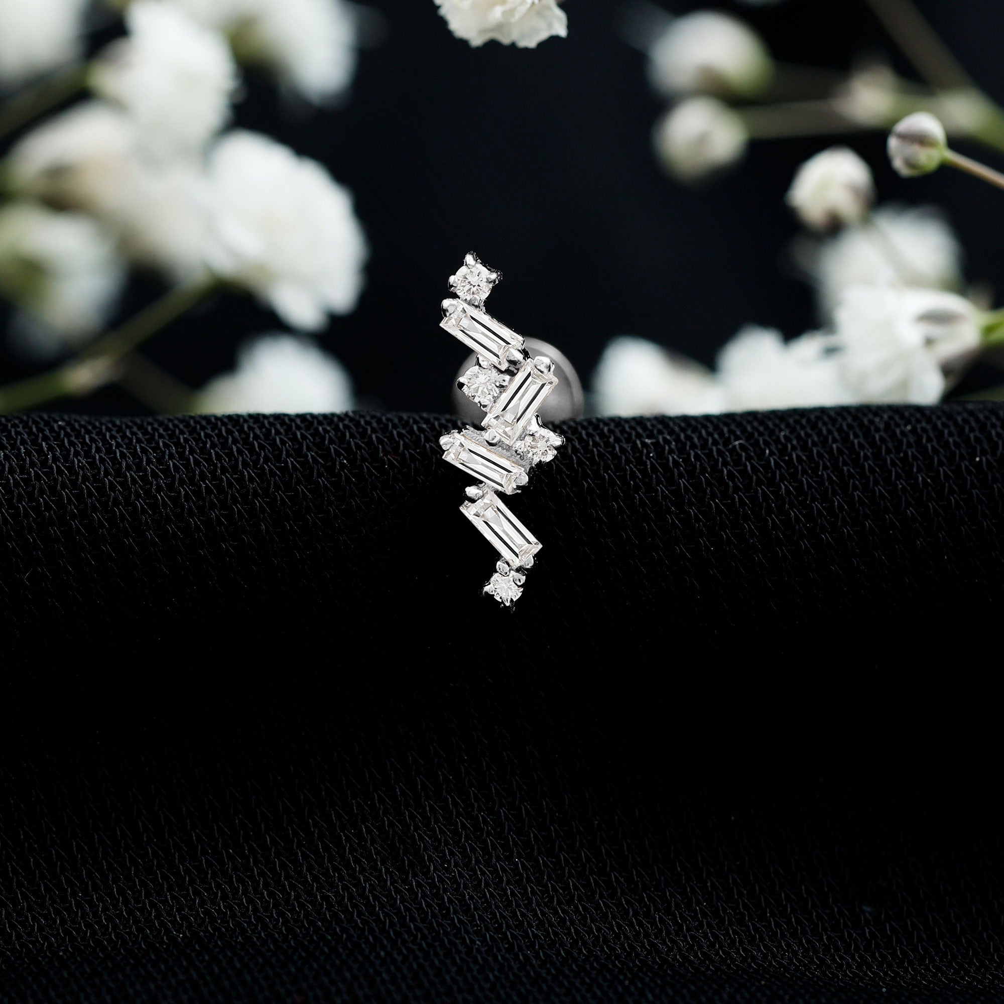 Baguette Diamond Cartilage Earring with Flat Back Natural - ( HI-SI ) - Rosec Jewels