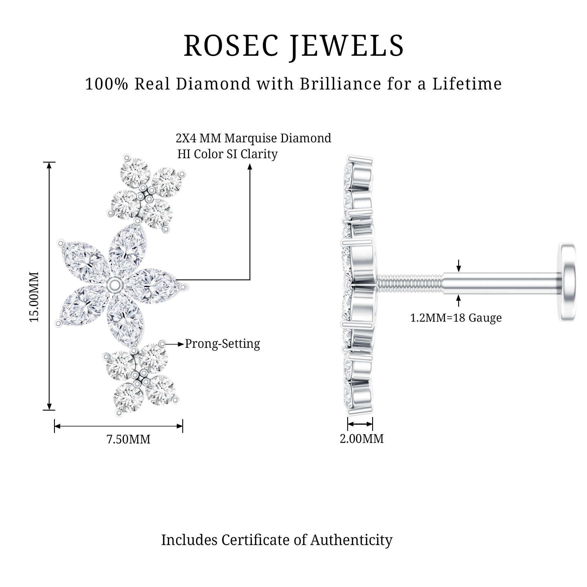 Cartilage Flower Crawler Earring with Diamond Natural - ( HI-SI ) - Rosec Jewels
