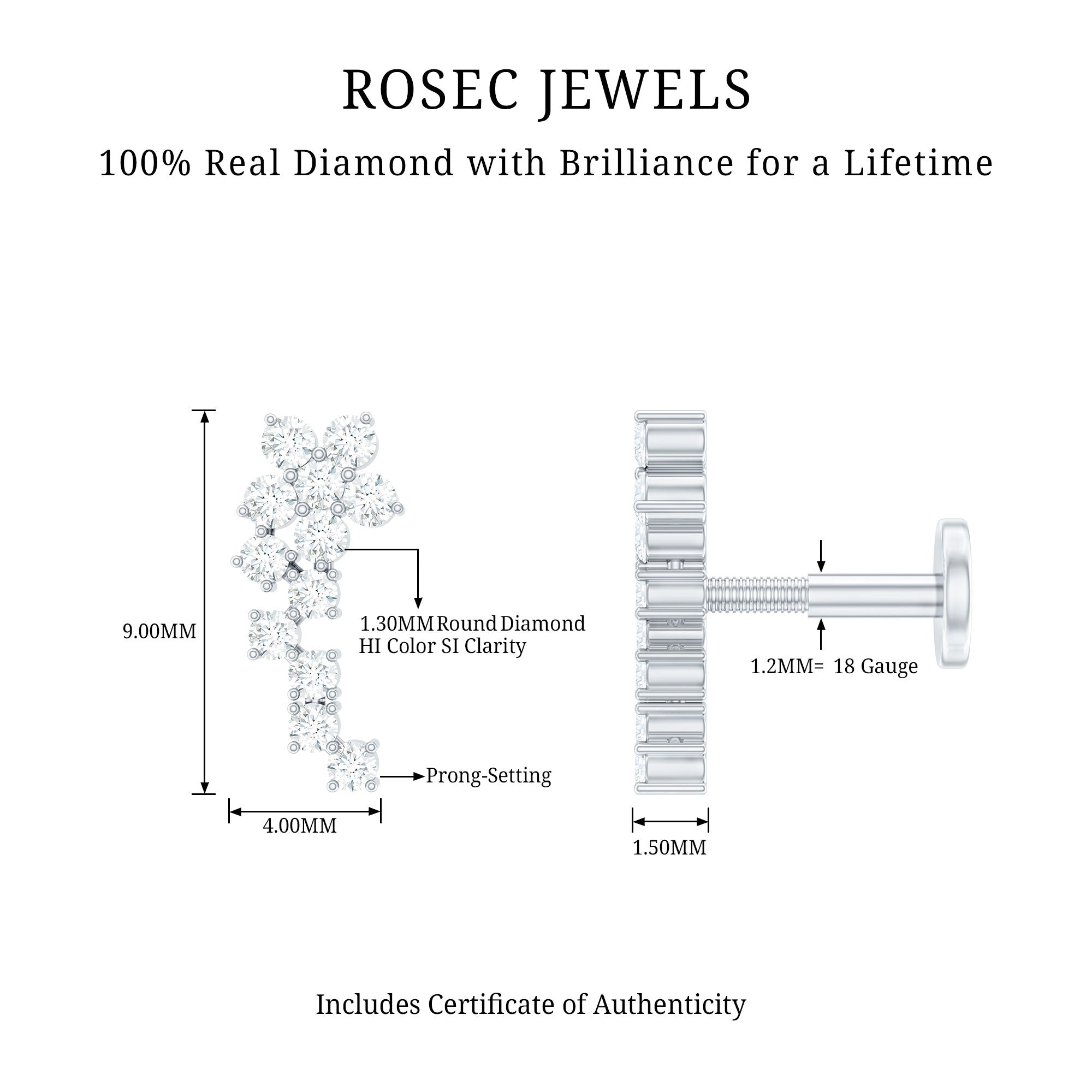 Diamond Floral Cluster Earring for Helix Piercing Natural - ( HI-SI ) - Rosec Jewels