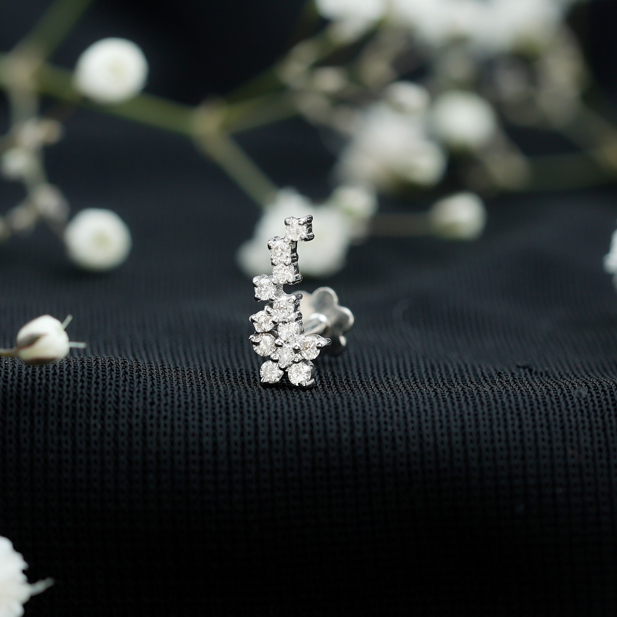 Diamond Floral Cluster Earring for Helix Piercing Natural - ( HI-SI ) - Rosec Jewels