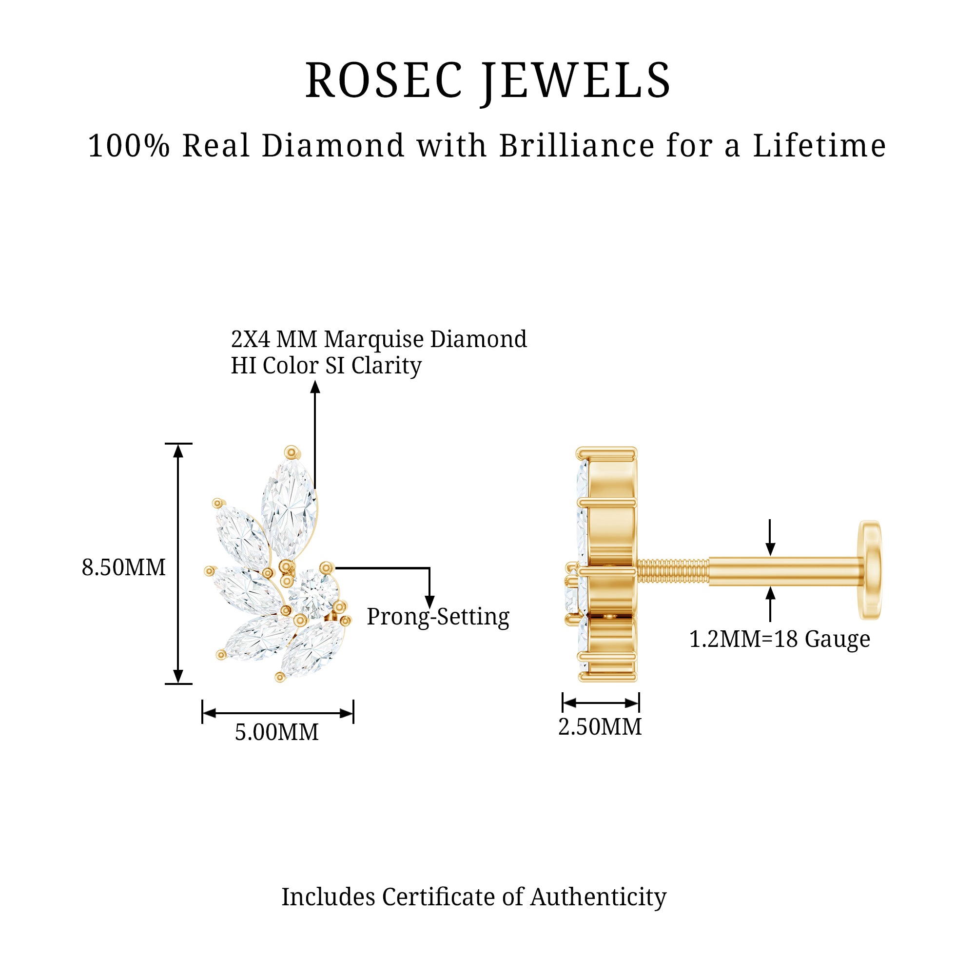 Marquise Diamond Leaf Cluster Earring for Cartilage Piercing Natural - ( HI-SI ) - Rosec Jewels