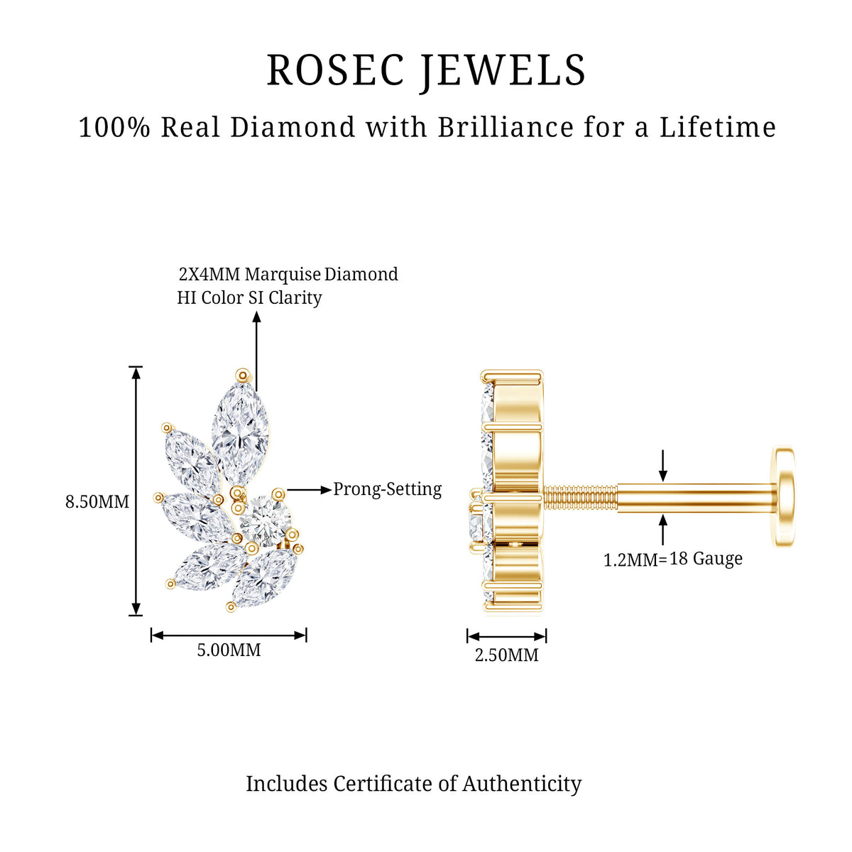 Marquise Diamond Leaf Cluster Earring for Cartilage Piercing Natural - ( HI-SI ) - Rosec Jewels