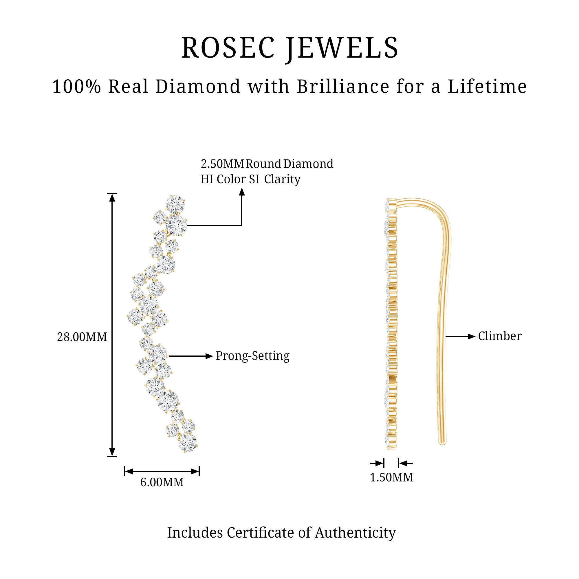 Diamond Cluster Climber Earring for Helix Piercing Natural - ( HI-SI ) - Rosec Jewels