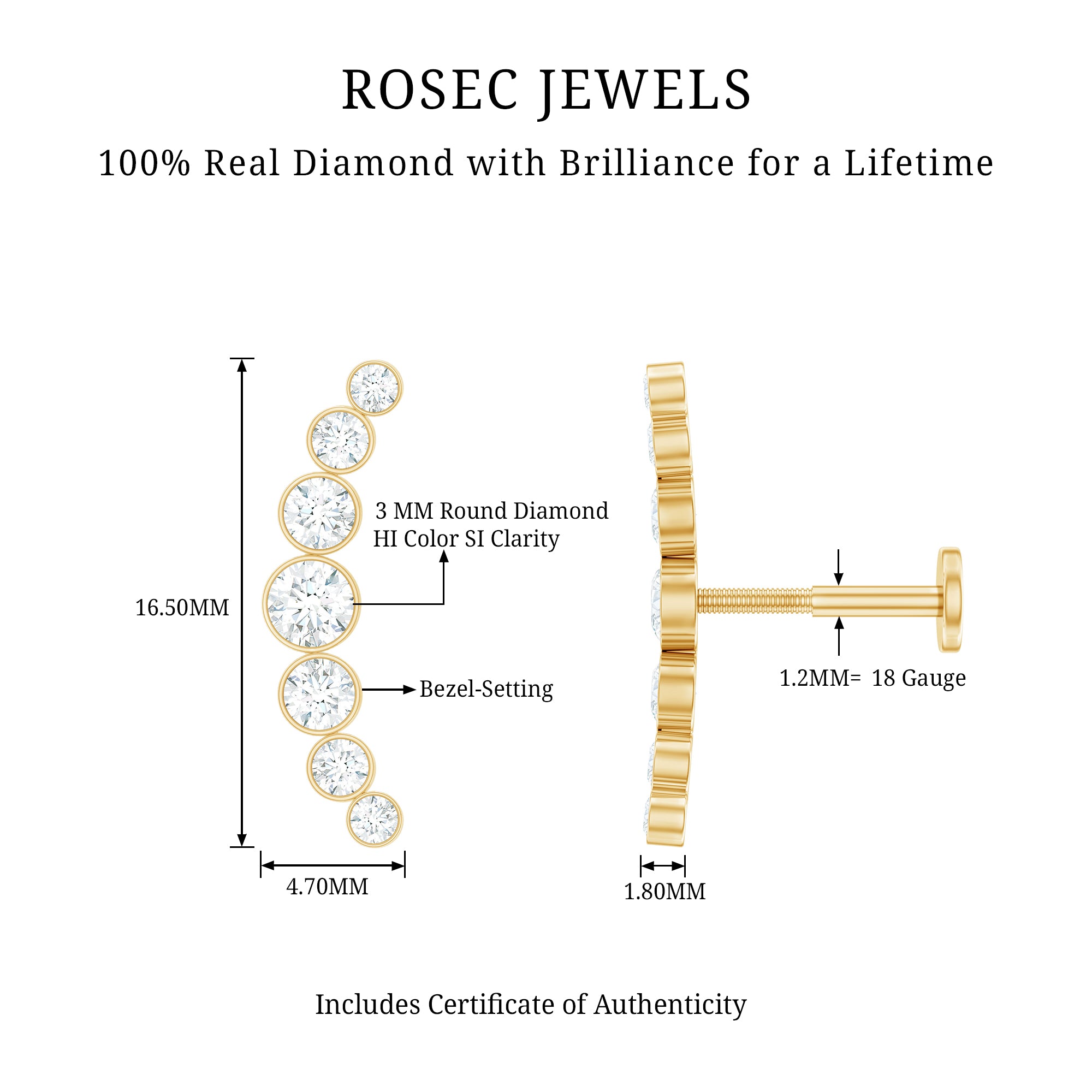 Graduated Diamond Crawler Helix Earring in Bezel Set Natural - ( HI-SI ) - Rosec Jewels