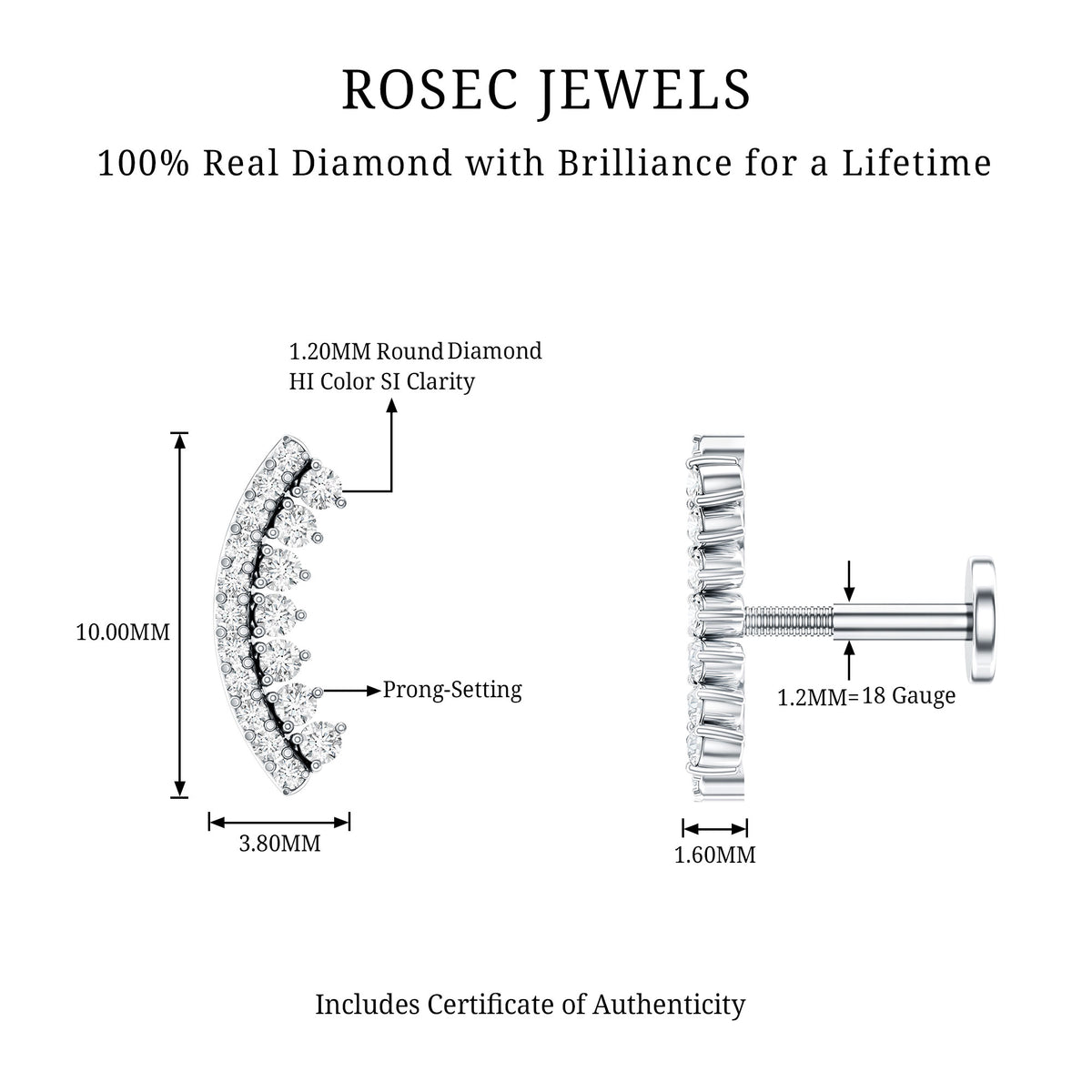 Certified Diamond Curved Cartilage Earring for Women Natural - ( HI-SI ) - Rosec Jewels