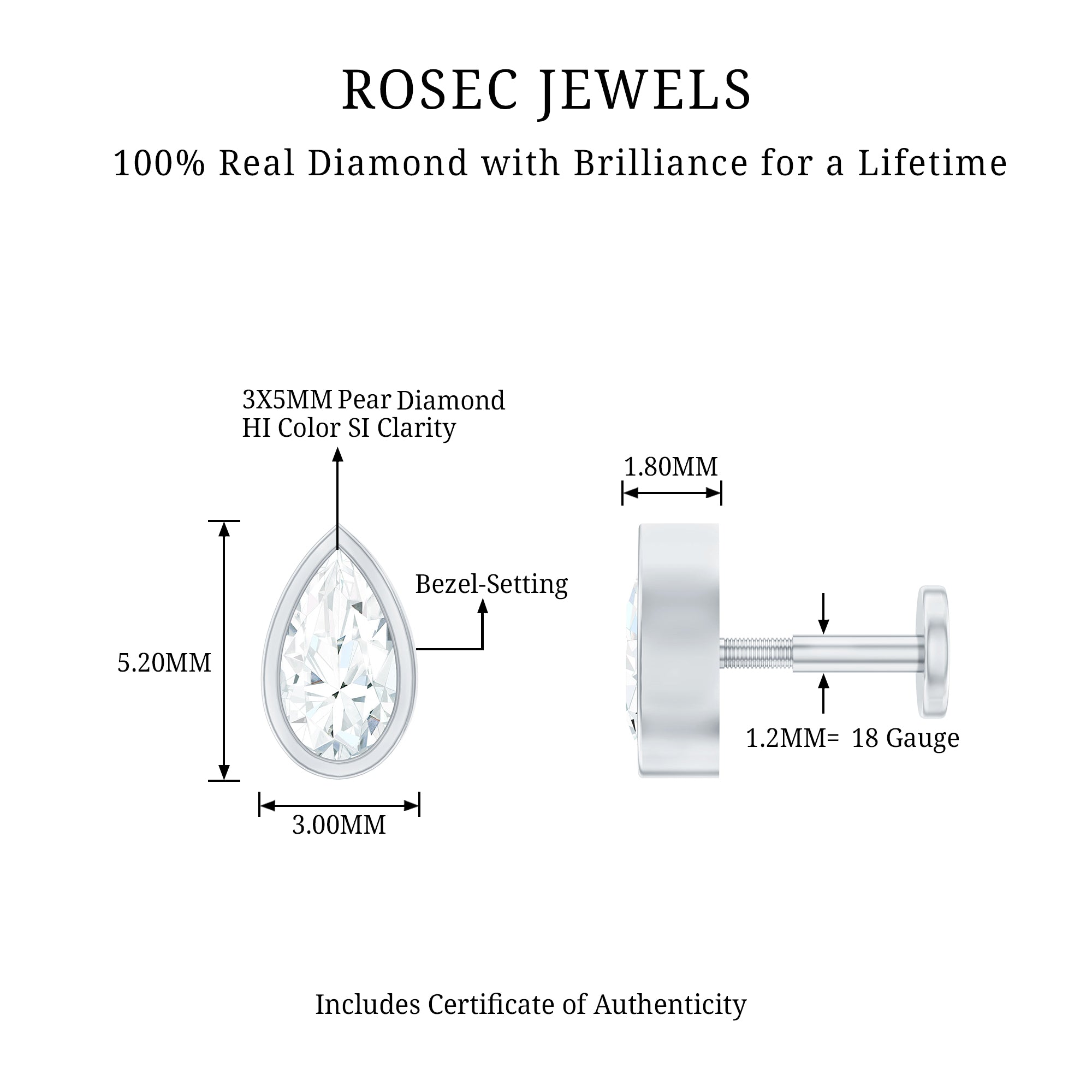 Pear Shape Diamond Solitaire Cartilage Earring Natural - ( HI-SI ) - Rosec Jewels