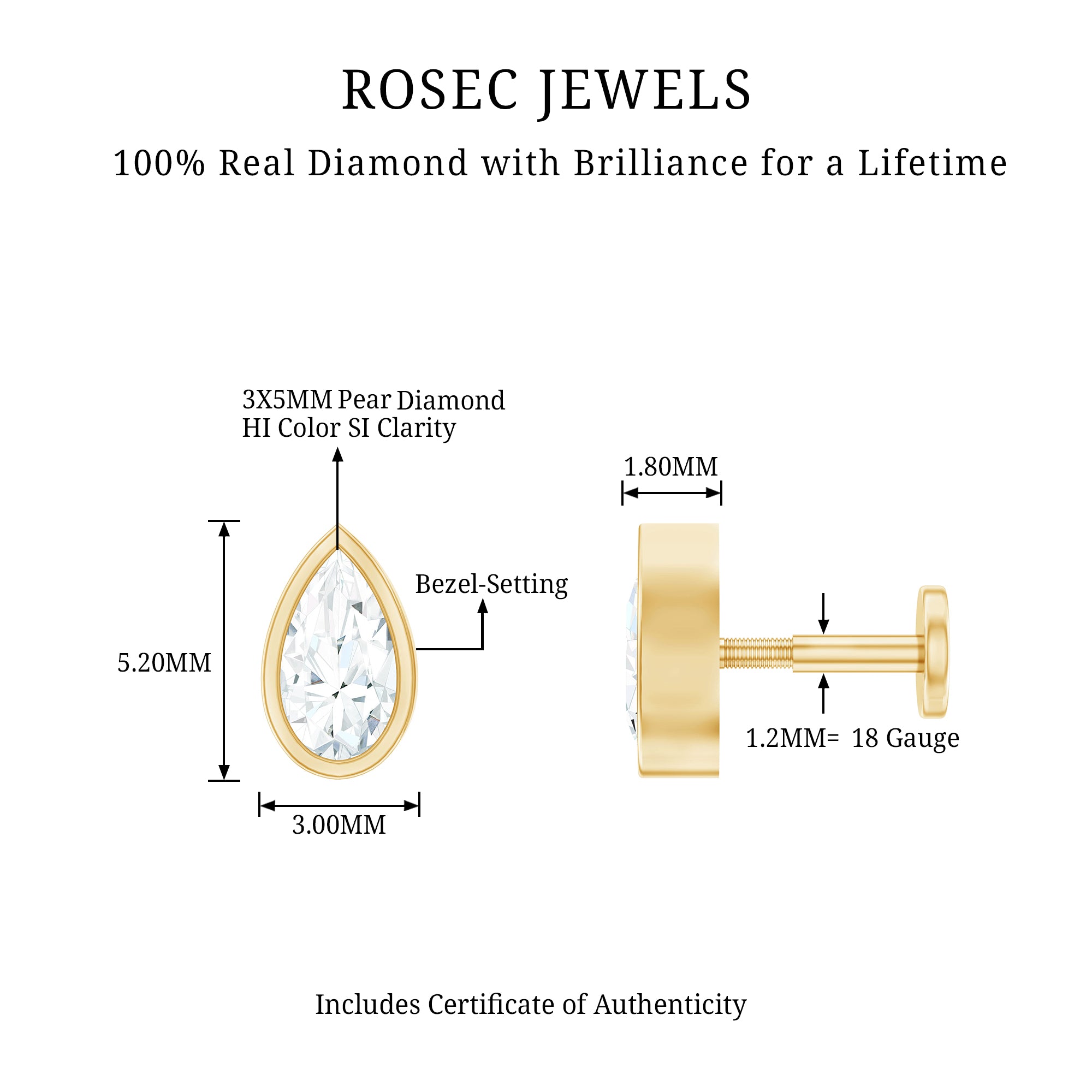 Pear Shape Diamond Solitaire Cartilage Earring Natural - ( HI-SI ) - Rosec Jewels