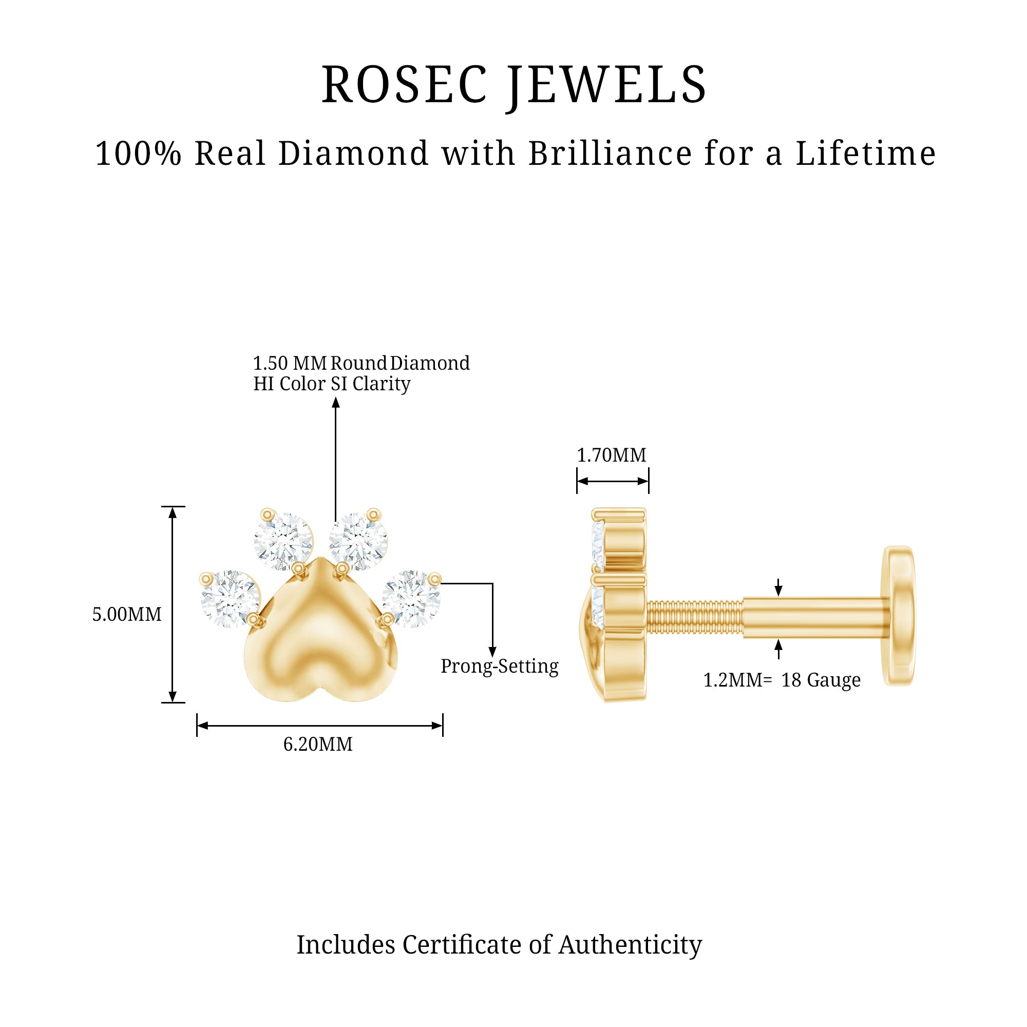 Diamond and Heart Dog Paw Print Cartilage Earring Natural - ( HI-SI ) - Rosec Jewels