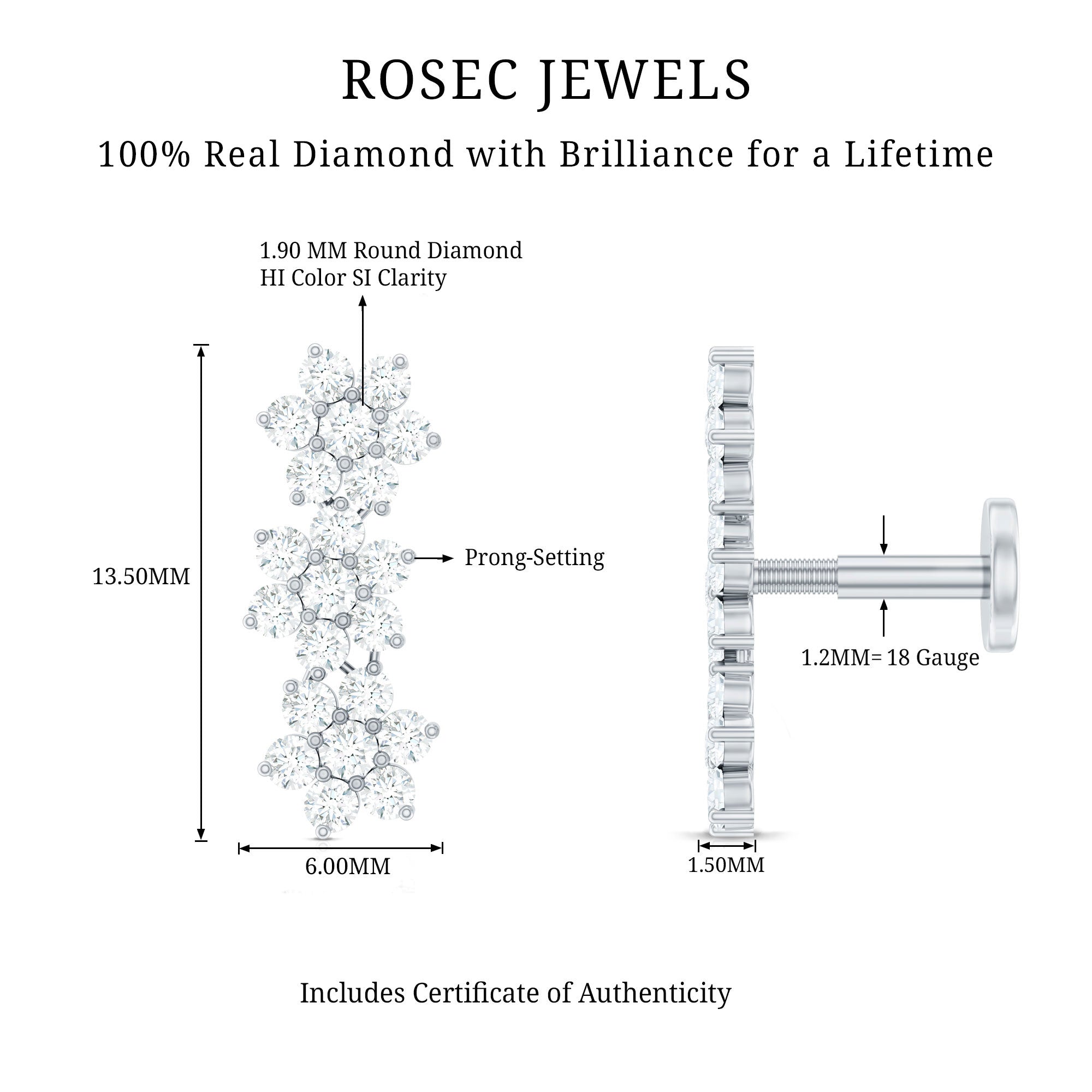 Diamond Three Flower Crawler Earring for Helix Piercing Natural - ( HI-SI ) - Rosec Jewels