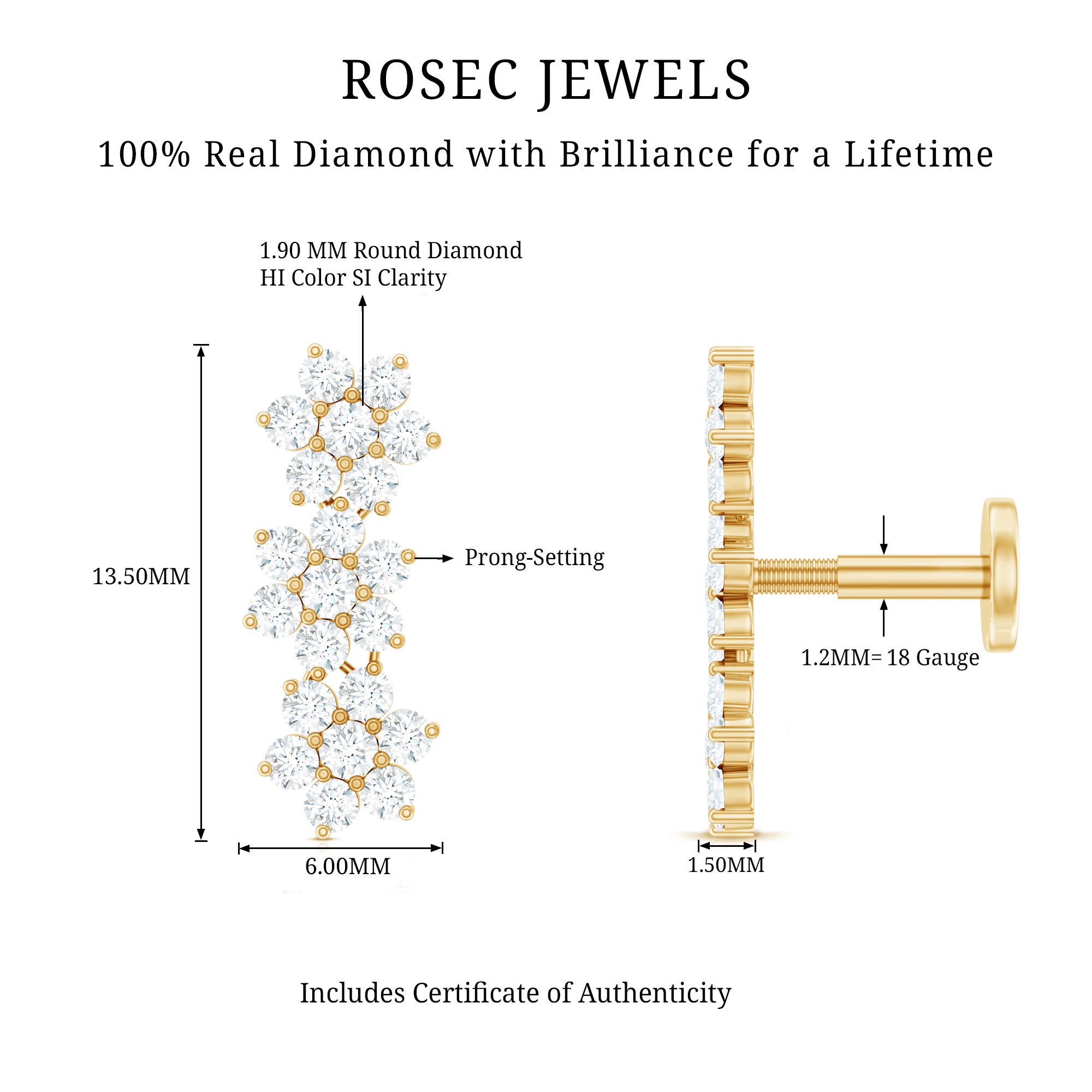 Diamond Three Flower Crawler Earring for Helix Piercing Natural - ( HI-SI ) - Rosec Jewels
