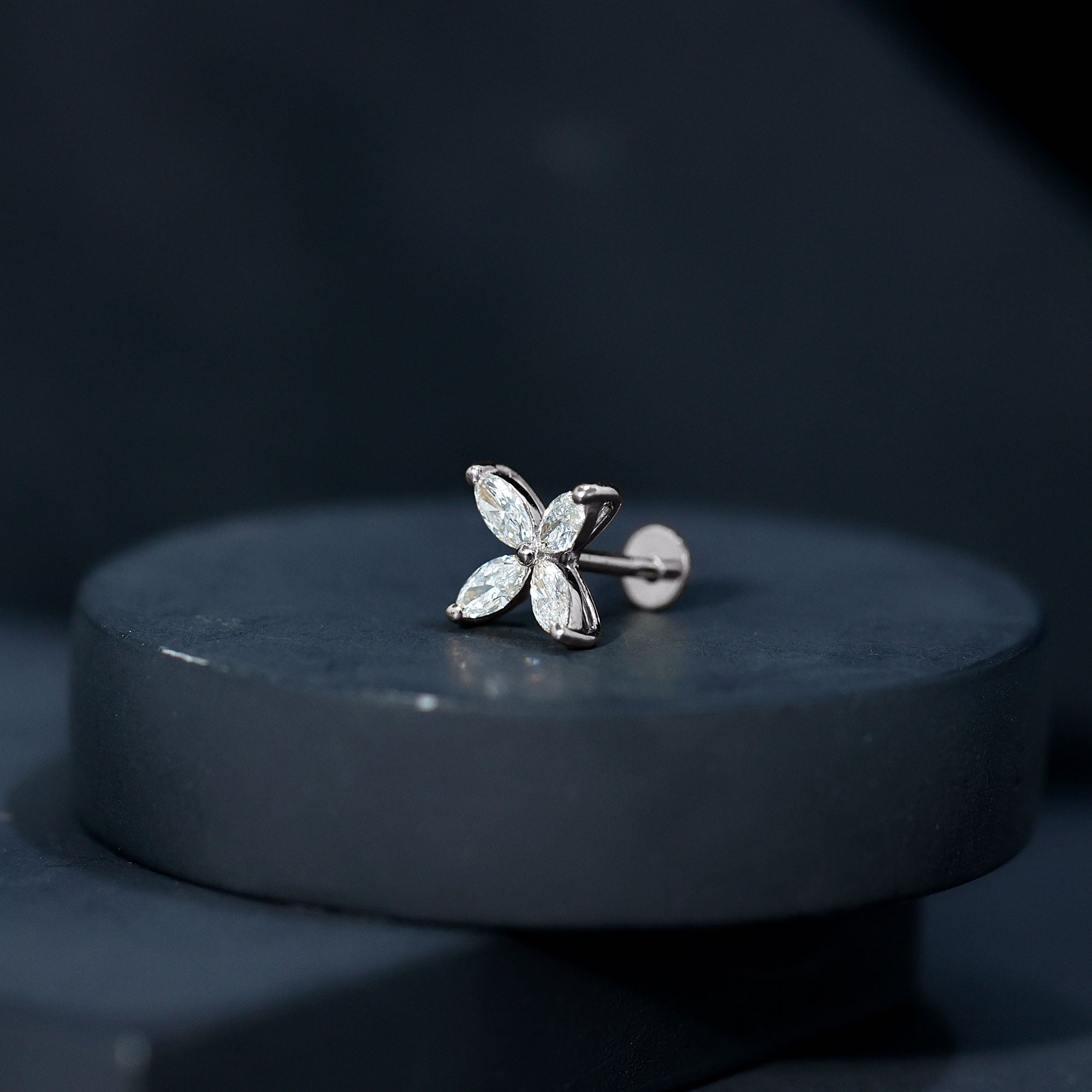 Marquise Four Petal Flower Cartilage Earring Natural - ( HI-SI ) - Rosec Jewels