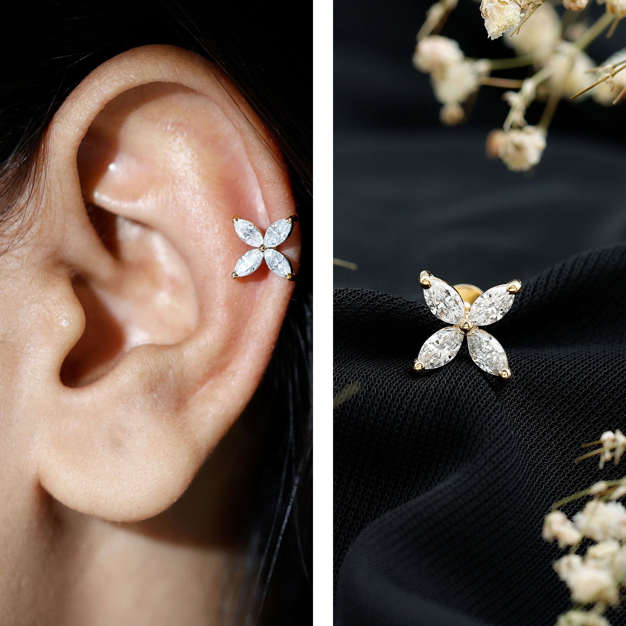 Marquise Four Petal Flower Cartilage Earring Natural - ( HI-SI ) - Rosec Jewels