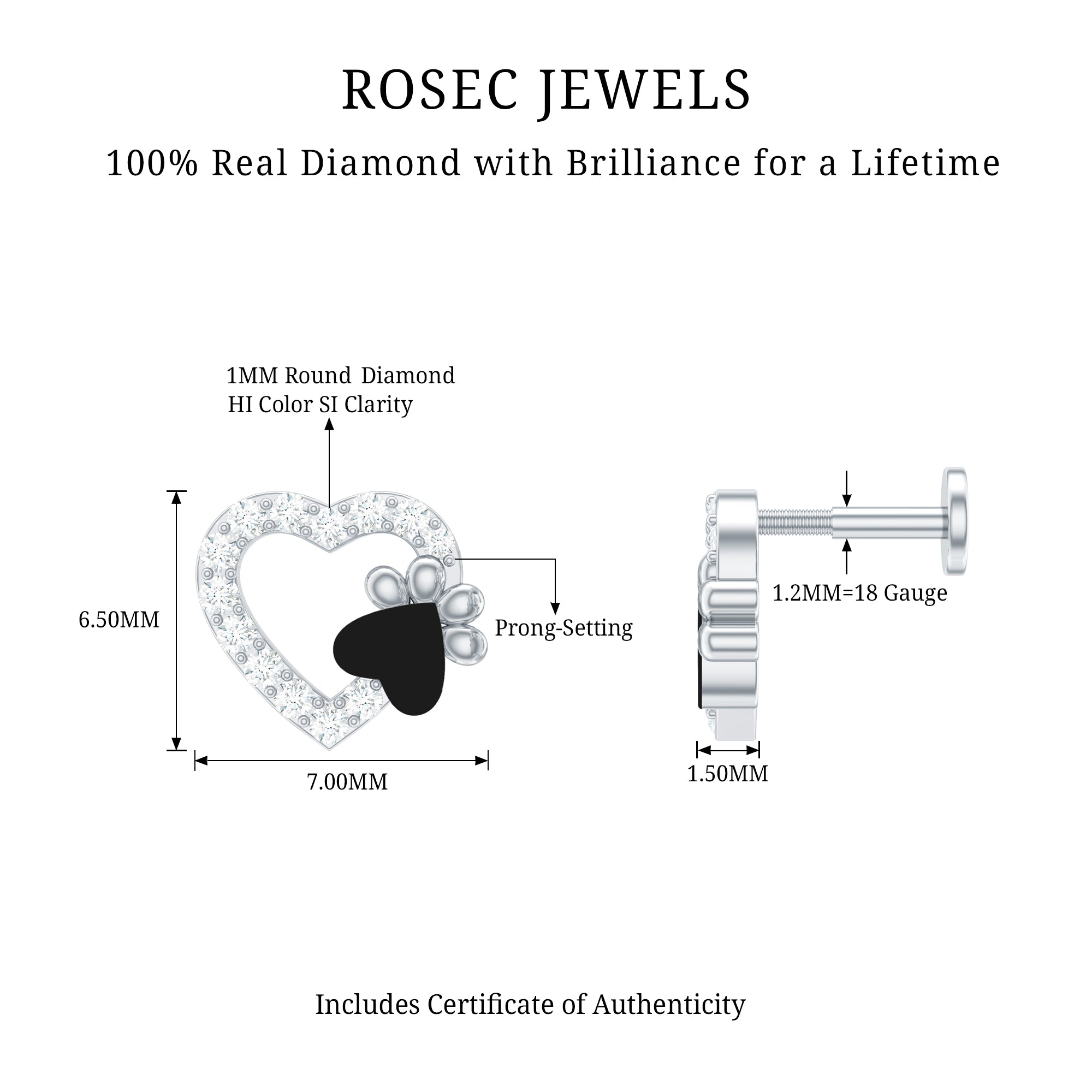 Sparkling Diamond Dog Paw Heart Earring with Black Enamel Natural - ( HI-SI ) - Rosec Jewels