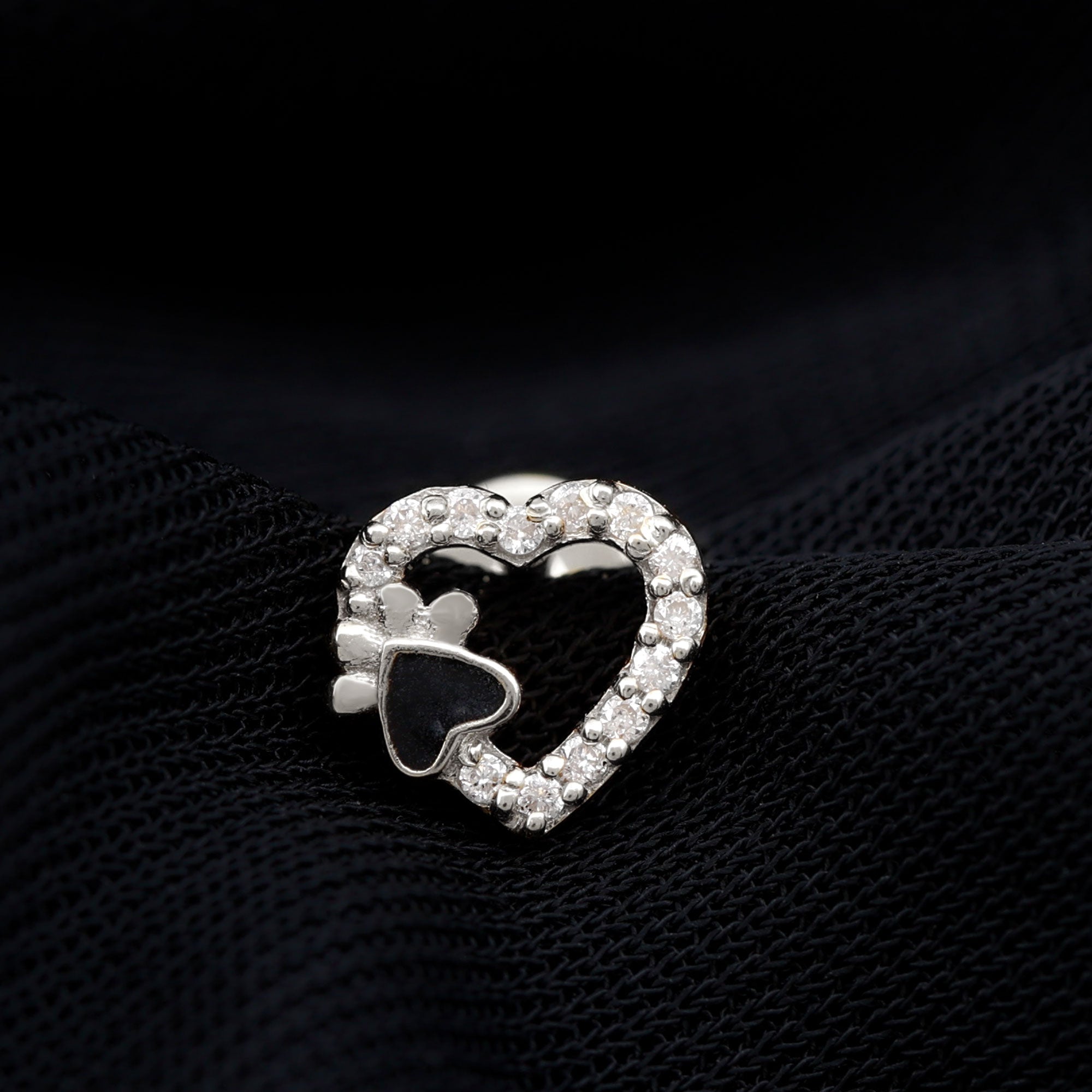 Sparkling Diamond Dog Paw Heart Earring with Black Enamel Natural - ( HI-SI ) - Rosec Jewels