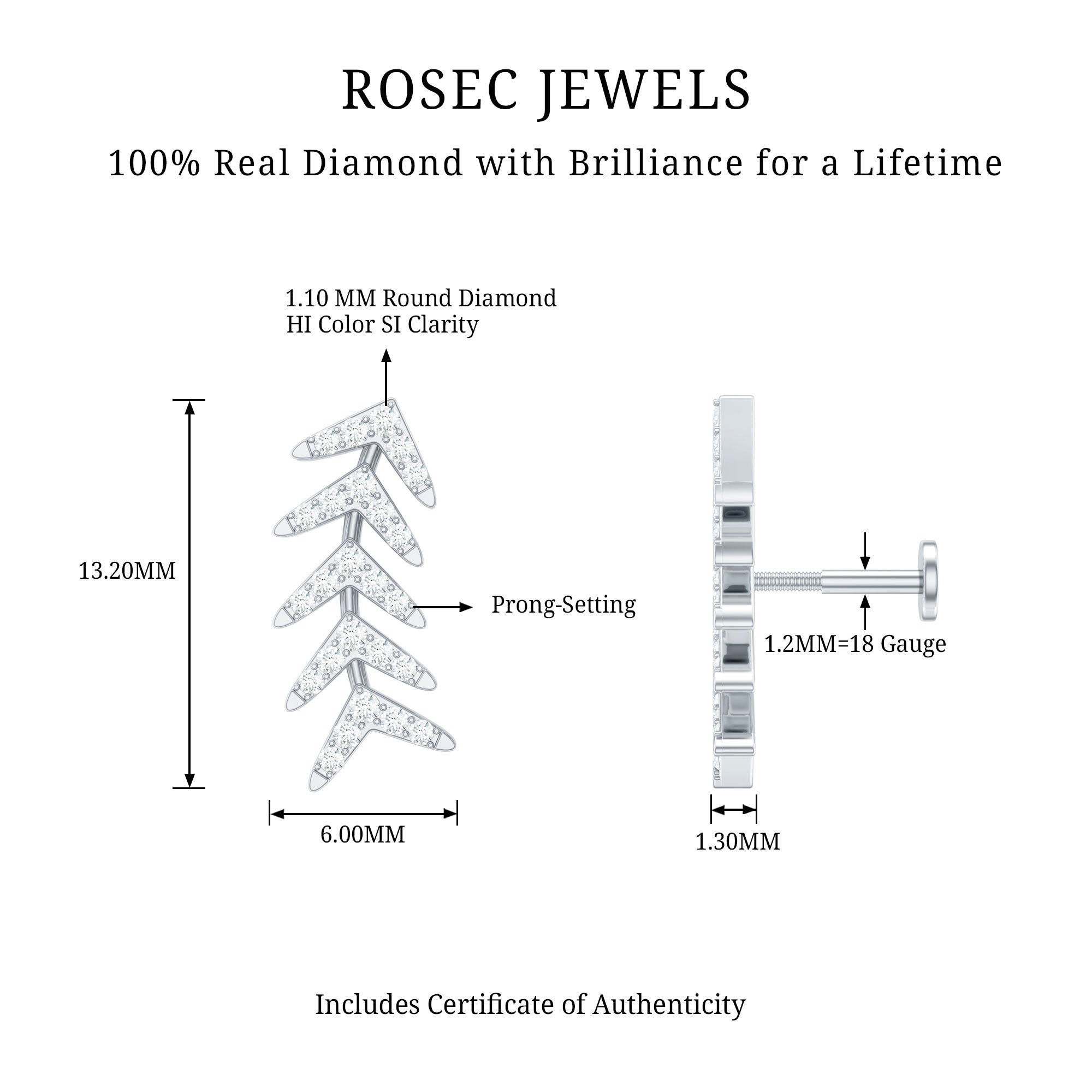 Minimalist Diamond Leaf Crawler Earring for Helix Piercing Natural - ( HI-SI ) - Rosec Jewels