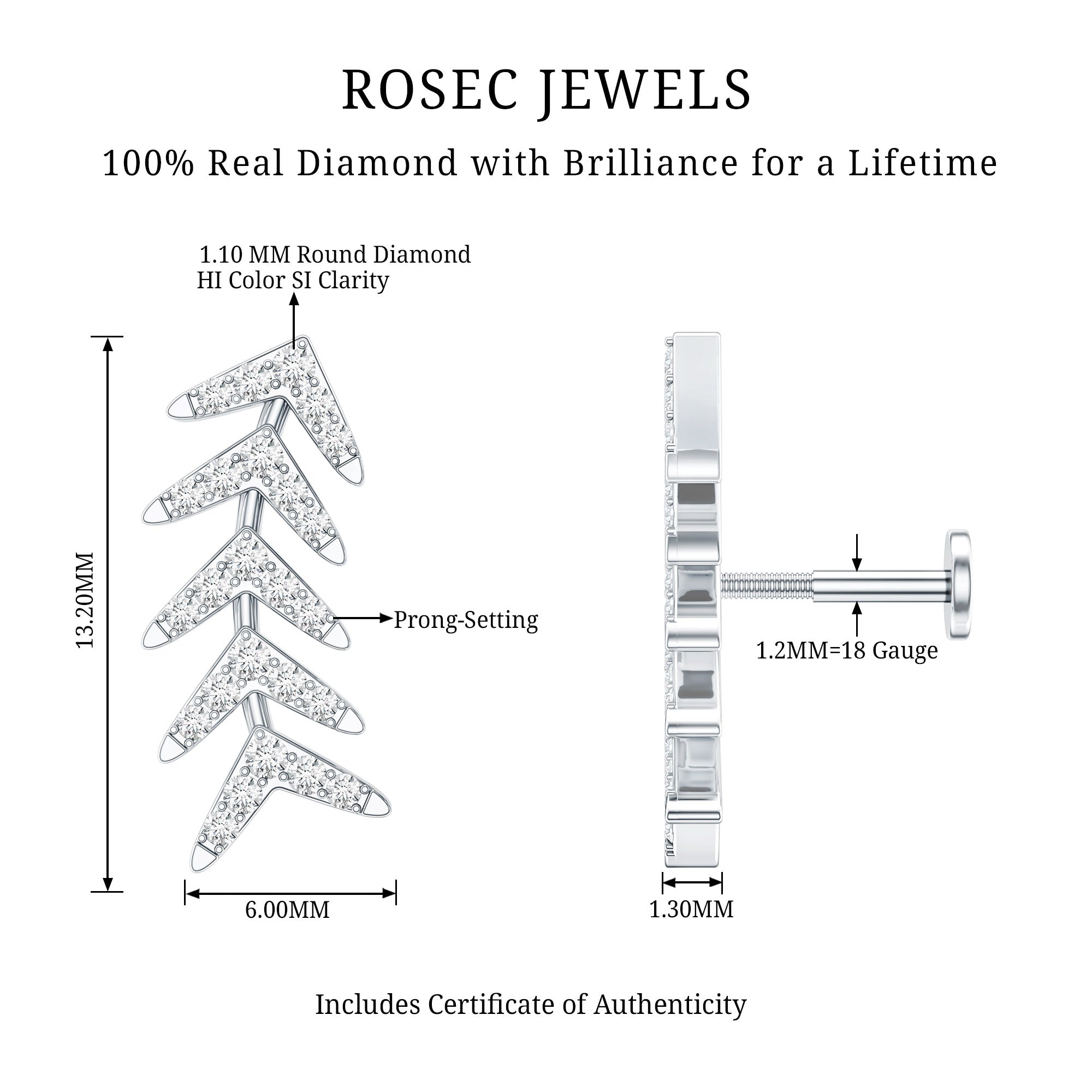 Minimalist Diamond Leaf Crawler Earring for Helix Piercing Natural - ( HI-SI ) - Rosec Jewels