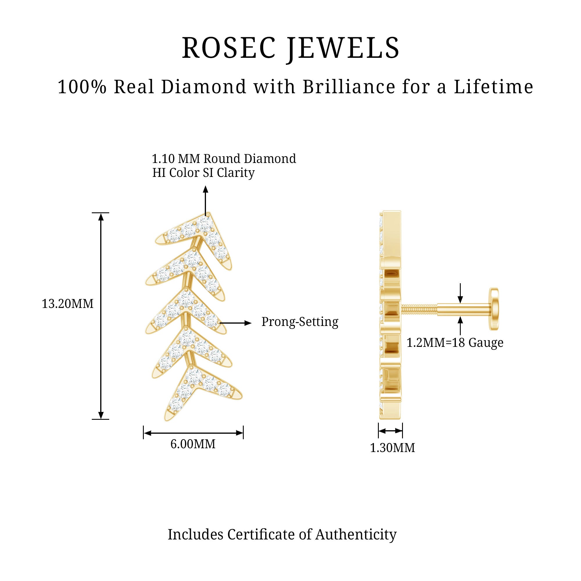 Minimalist Diamond Leaf Crawler Earring for Helix Piercing Natural - ( HI-SI ) - Rosec Jewels