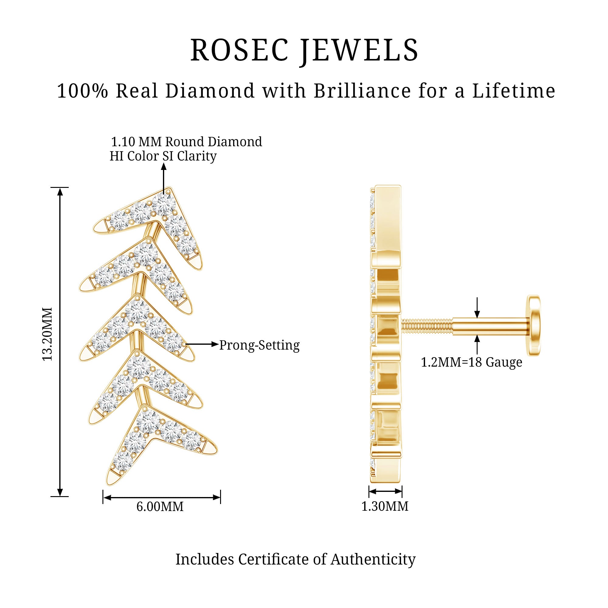 Minimalist Diamond Leaf Crawler Earring for Helix Piercing Natural - ( HI-SI ) - Rosec Jewels