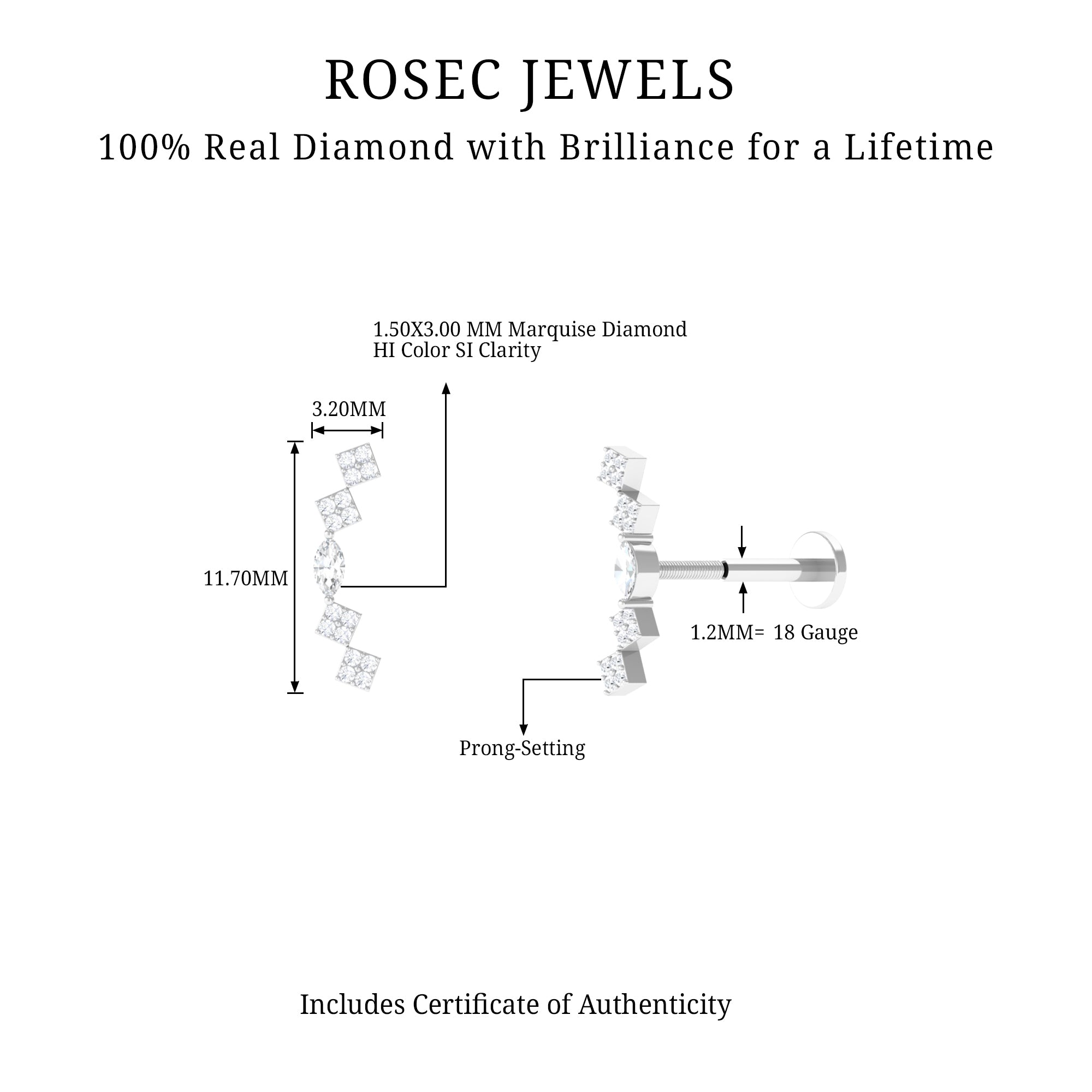Elegant Diamond Ear Crawler Earring for Helix Piercing Natural - ( HI-SI ) - Rosec Jewels