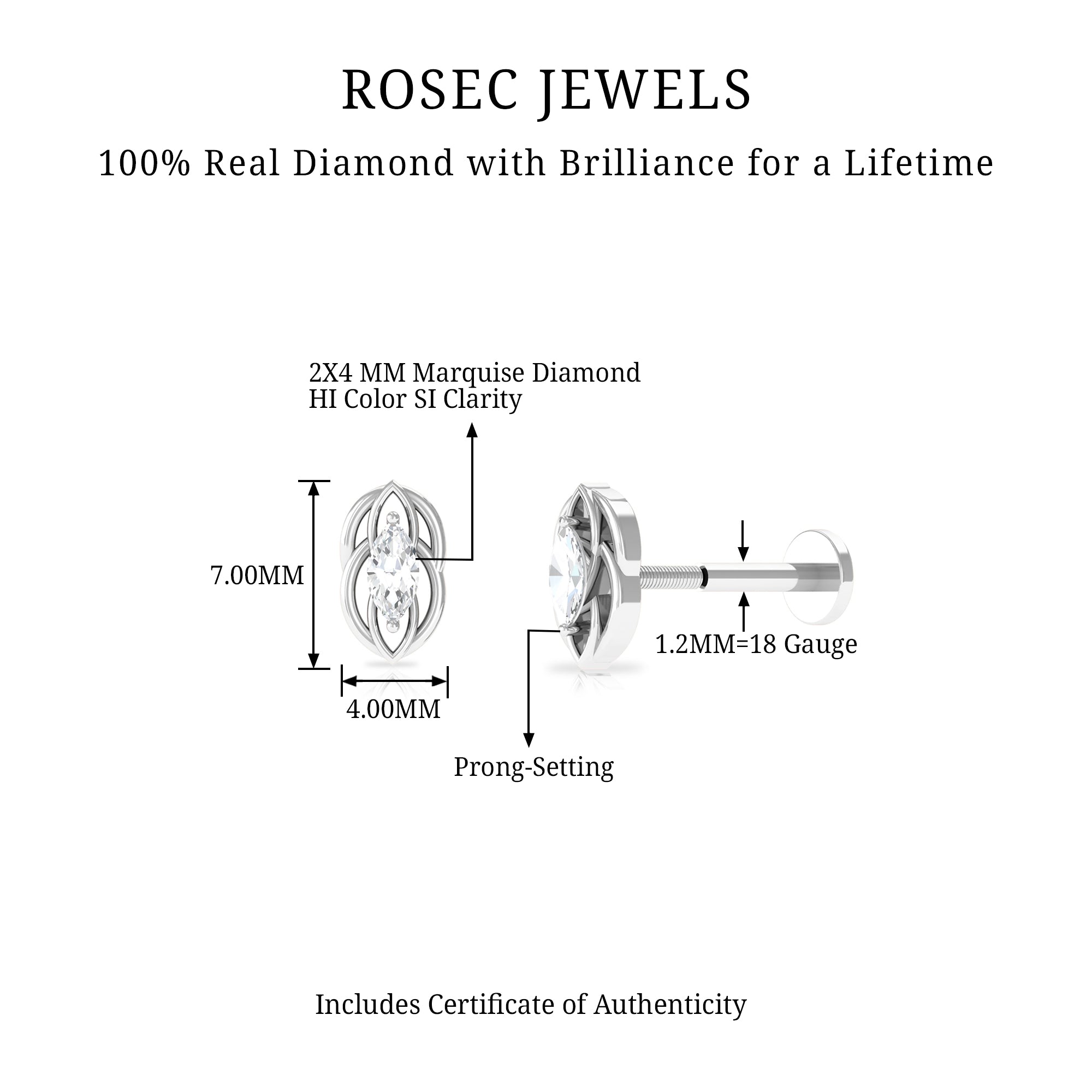 Marquise Diamond Solitaire Cartilage Earring Natural - ( HI-SI ) - Rosec Jewels