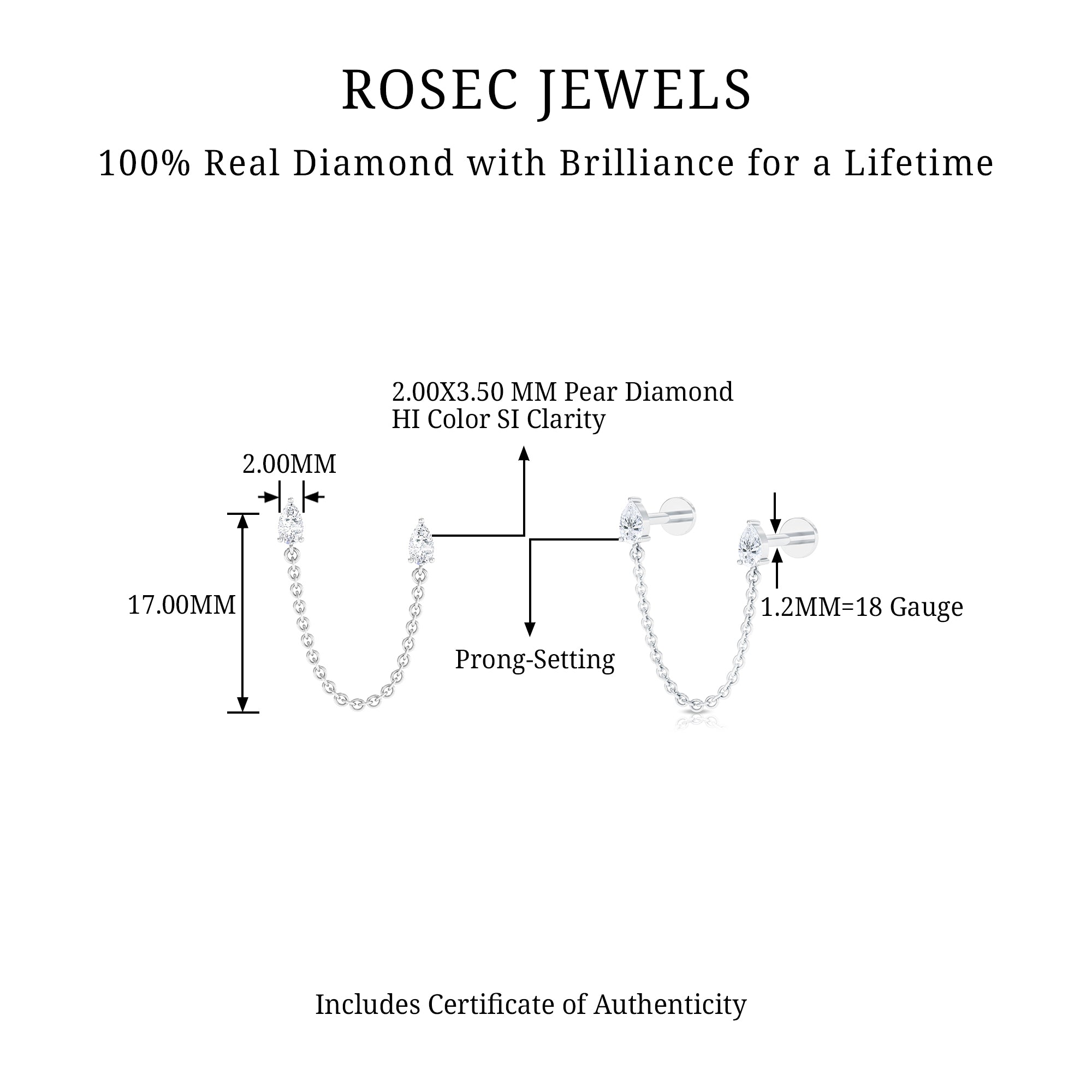 Pear Shape Diamond Chain Double Piercing Earring Natural - ( HI-SI ) - Rosec Jewels