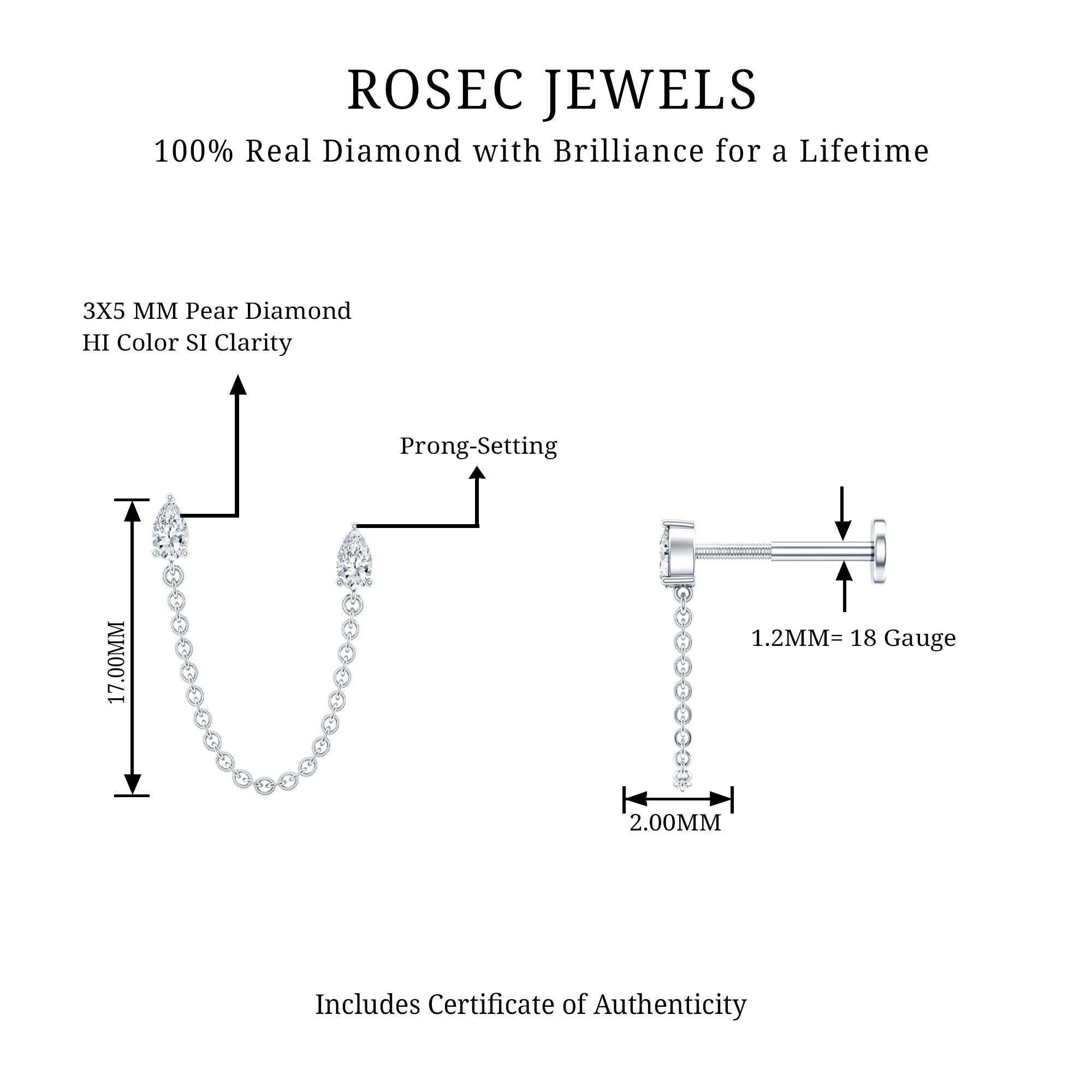 Pear Shape Diamond Chain Double Piercing Earring Natural - ( HI-SI ) - Rosec Jewels
